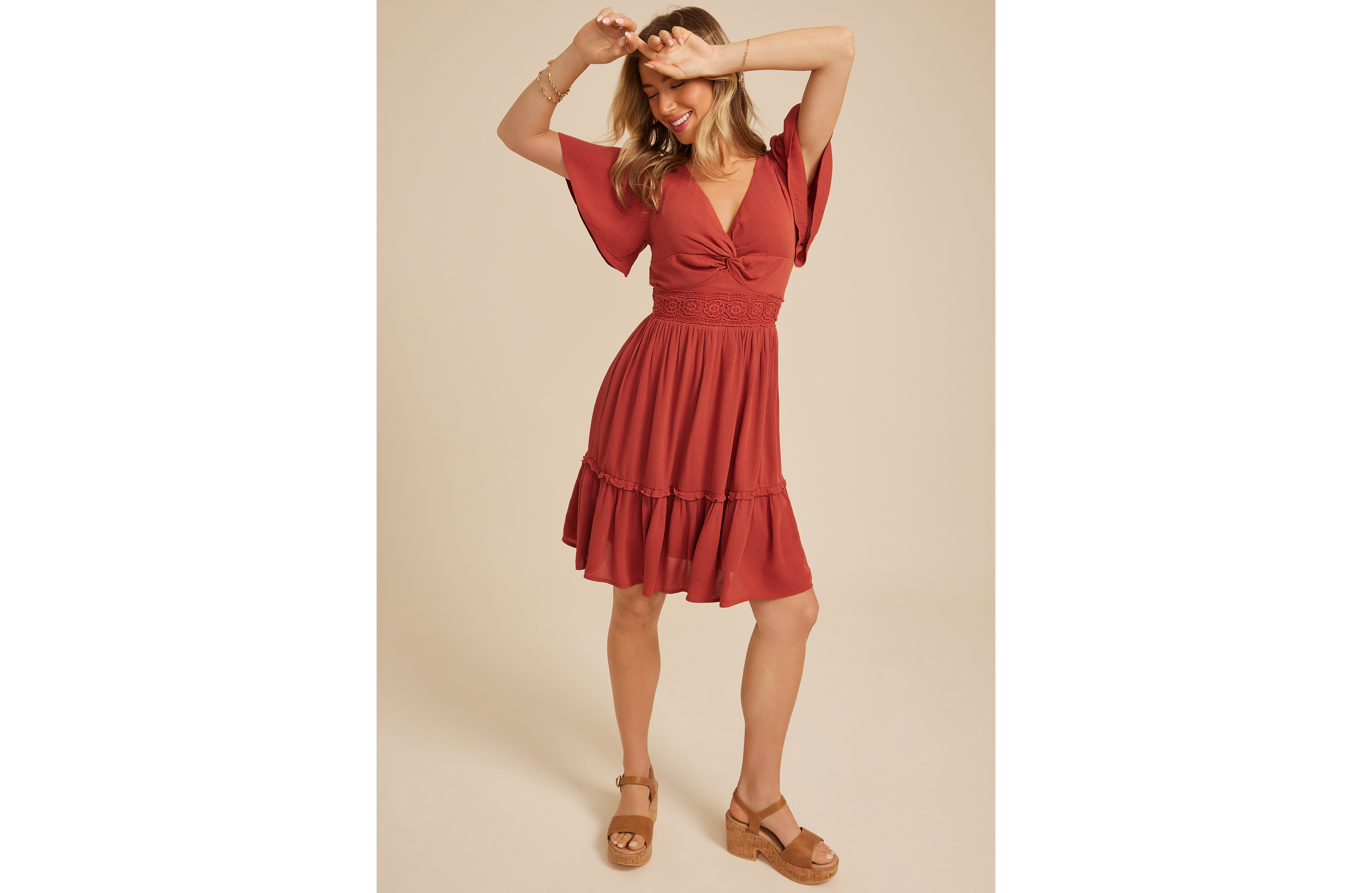 Flutter Sleeve Knot Front Mini Dress