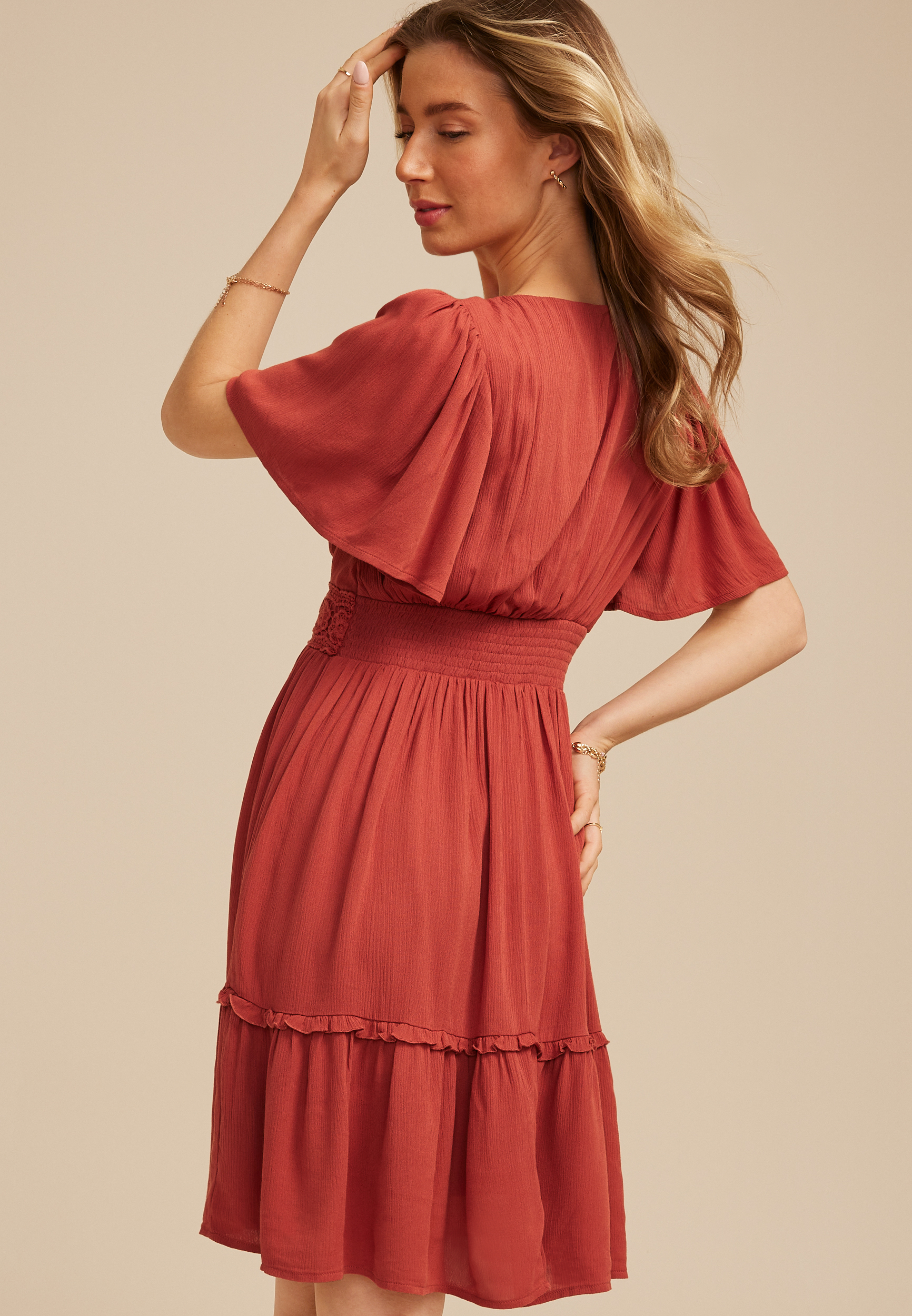Flutter Sleeve Knot Front Mini Dress, C200, large
