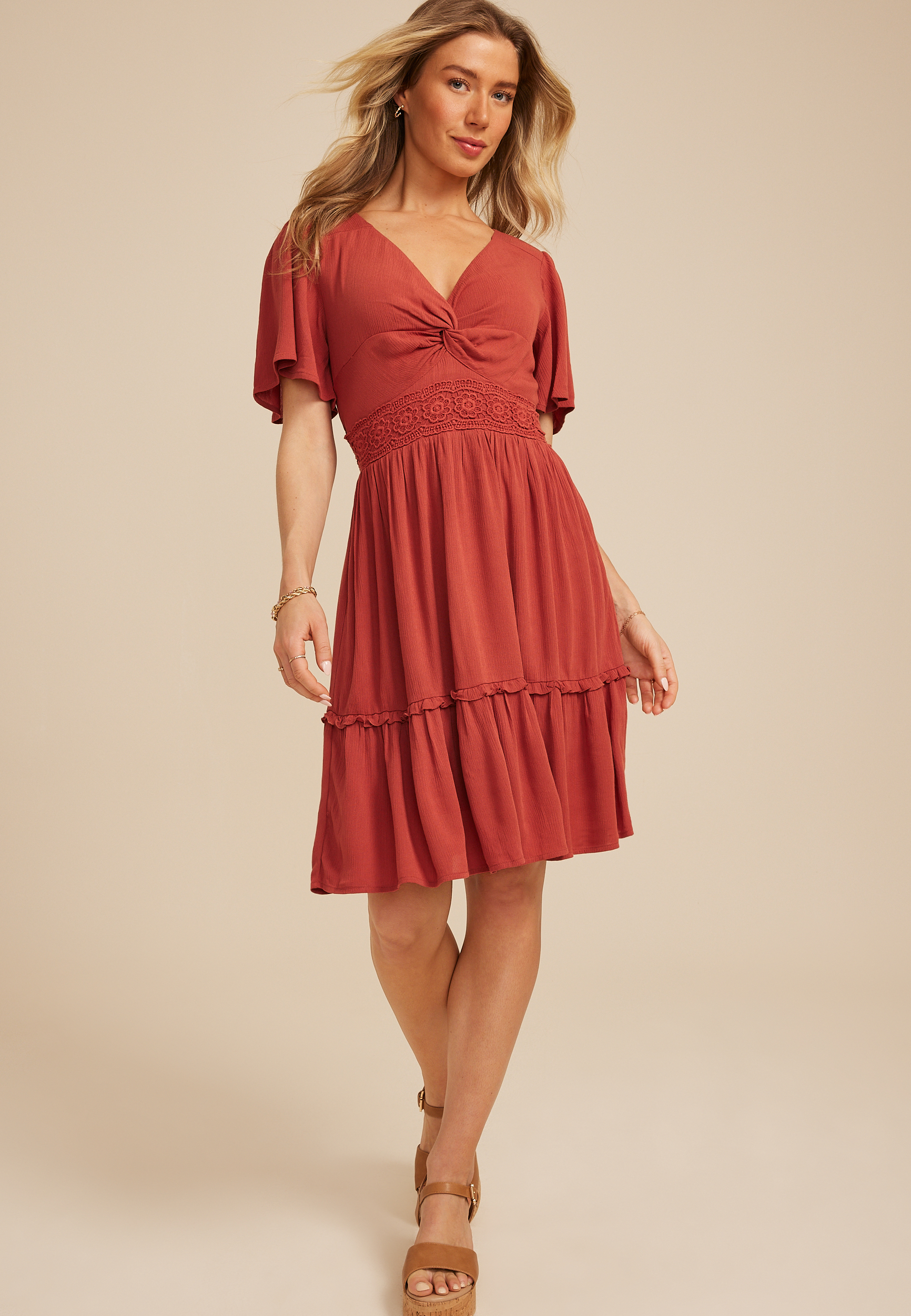 Flutter Sleeve Knot Front Mini Dress, C200, large