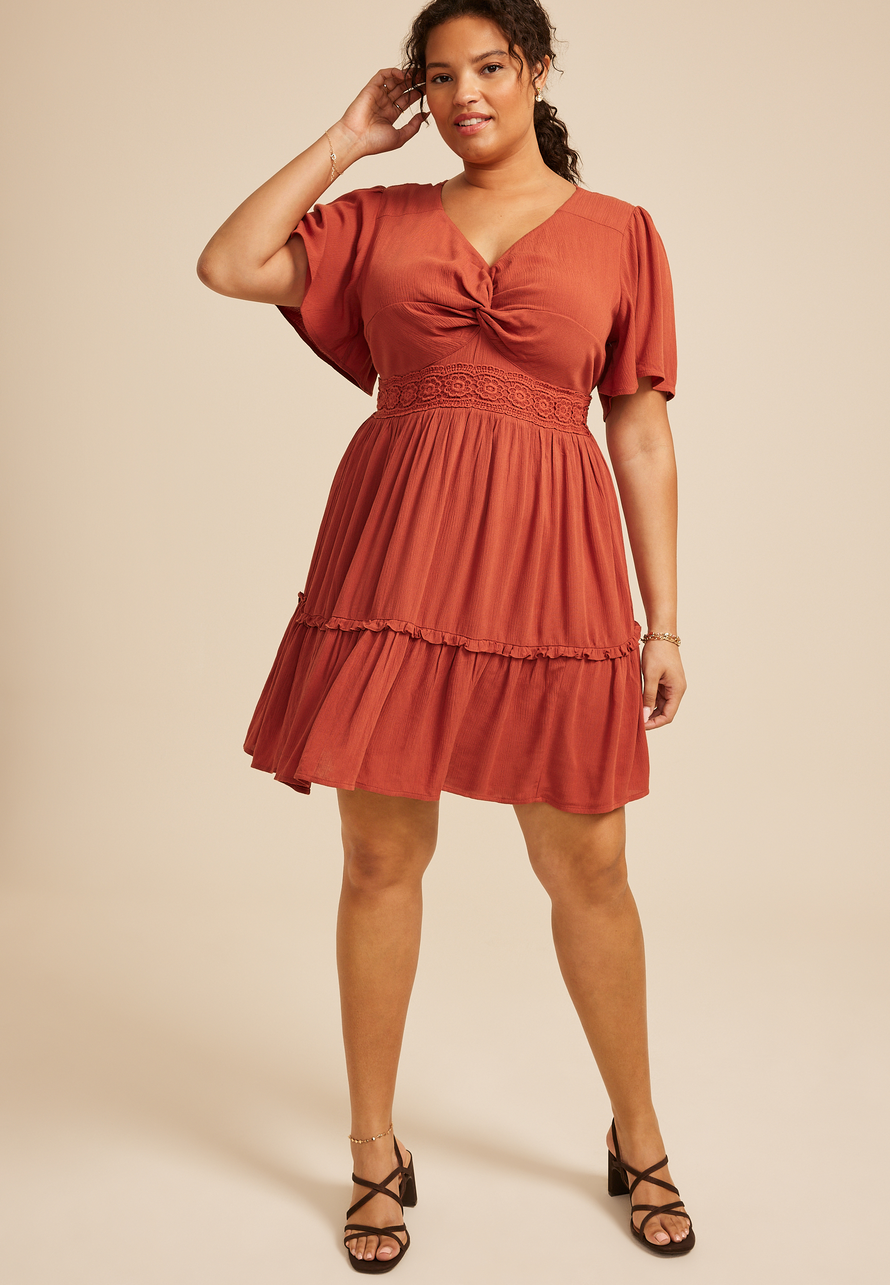 Plus Size Flutter Sleeve Knot Front Mini Dress