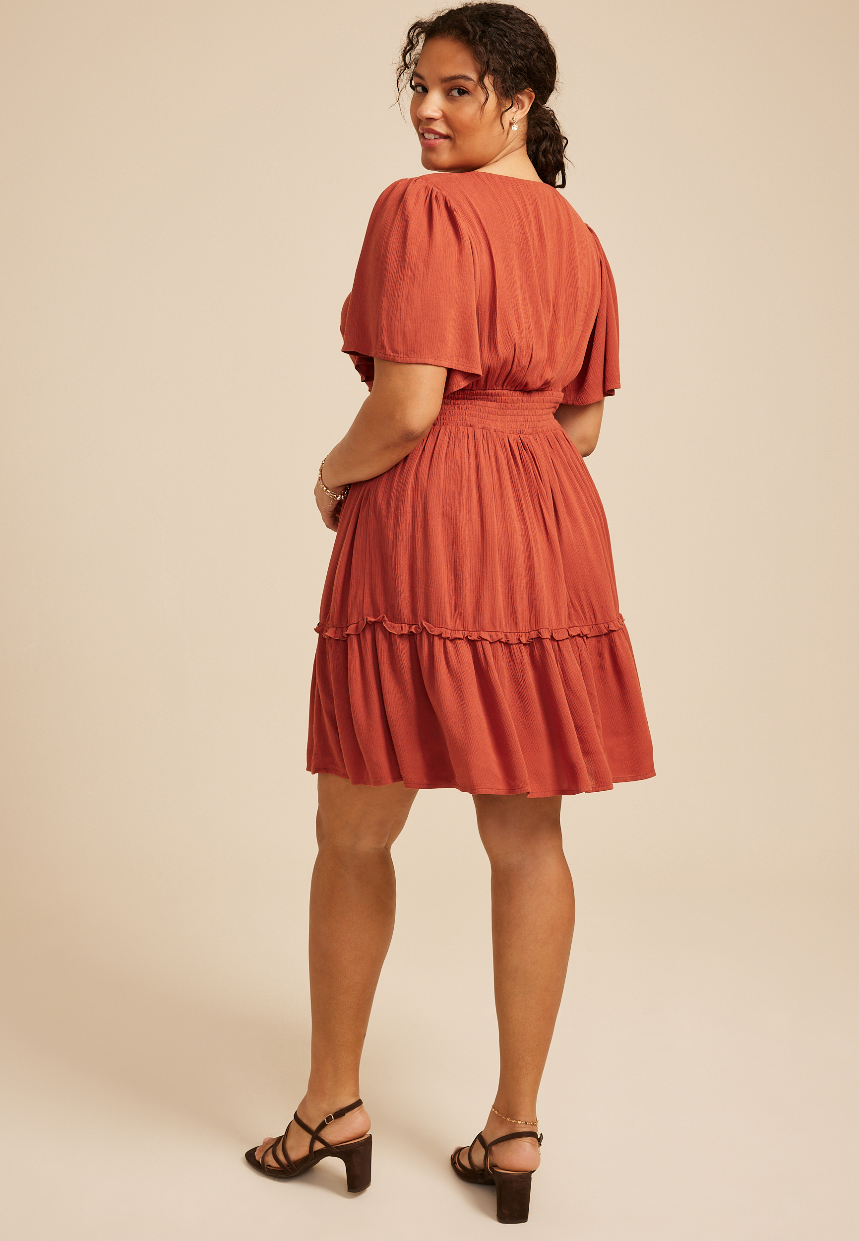 Plus Size Flutter Sleeve Knot Front Mini Dress, C200, large