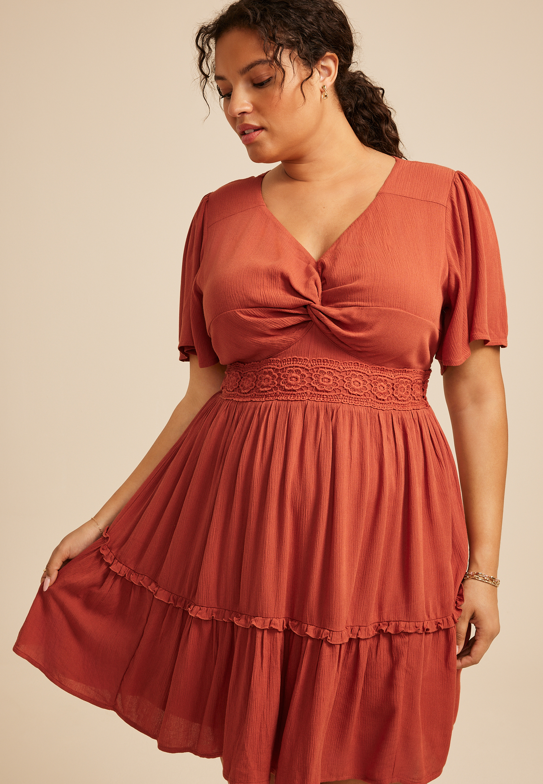 Plus Size Flutter Sleeve Knot Front Mini Dress, C200, large