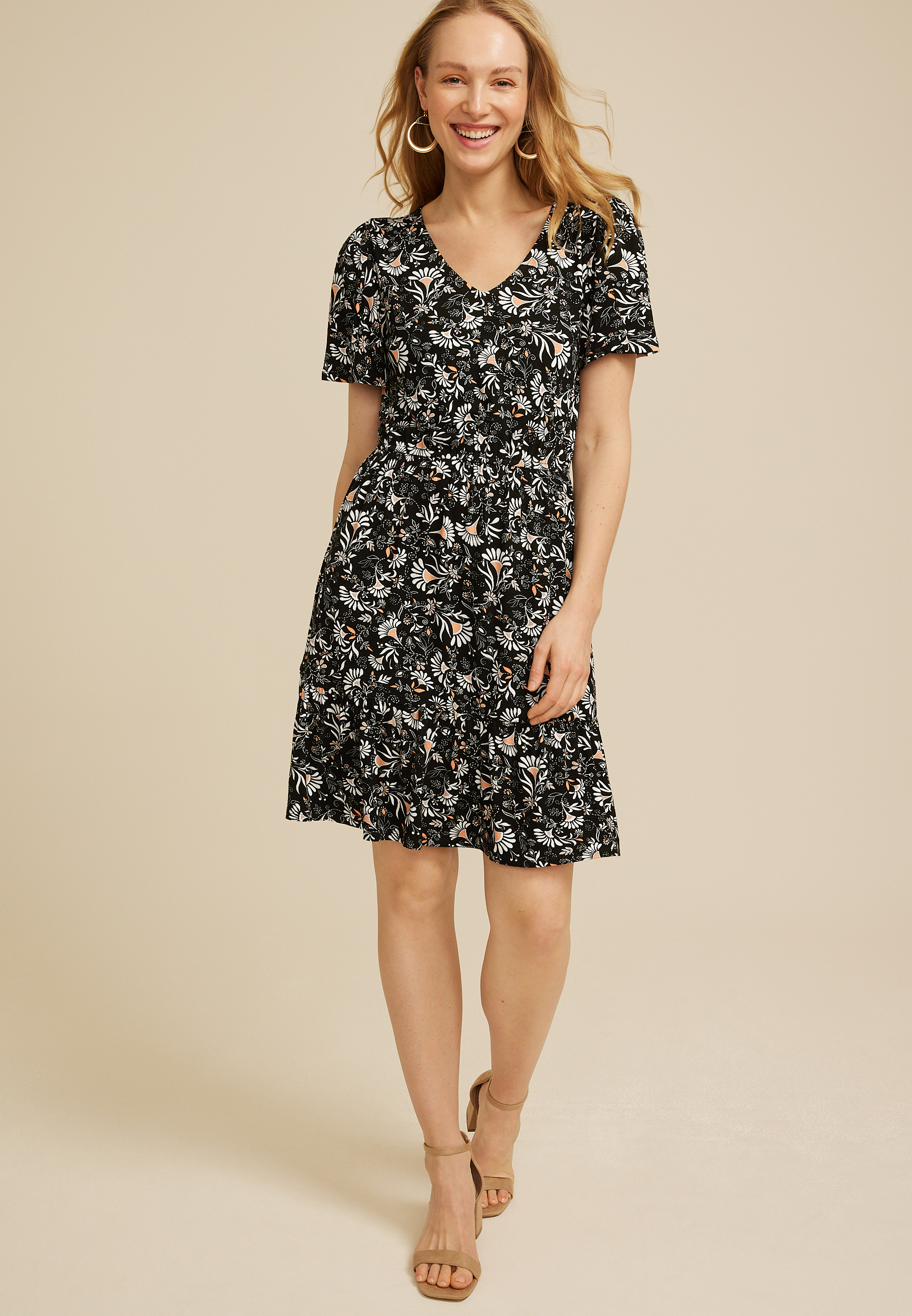 24/7 Printed V Neck Tiered Mini Dress