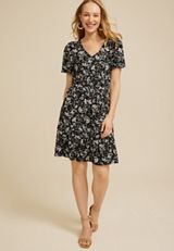 24/7 Printed V Neck Tiered Mini Dress, BLACK COMBO, small