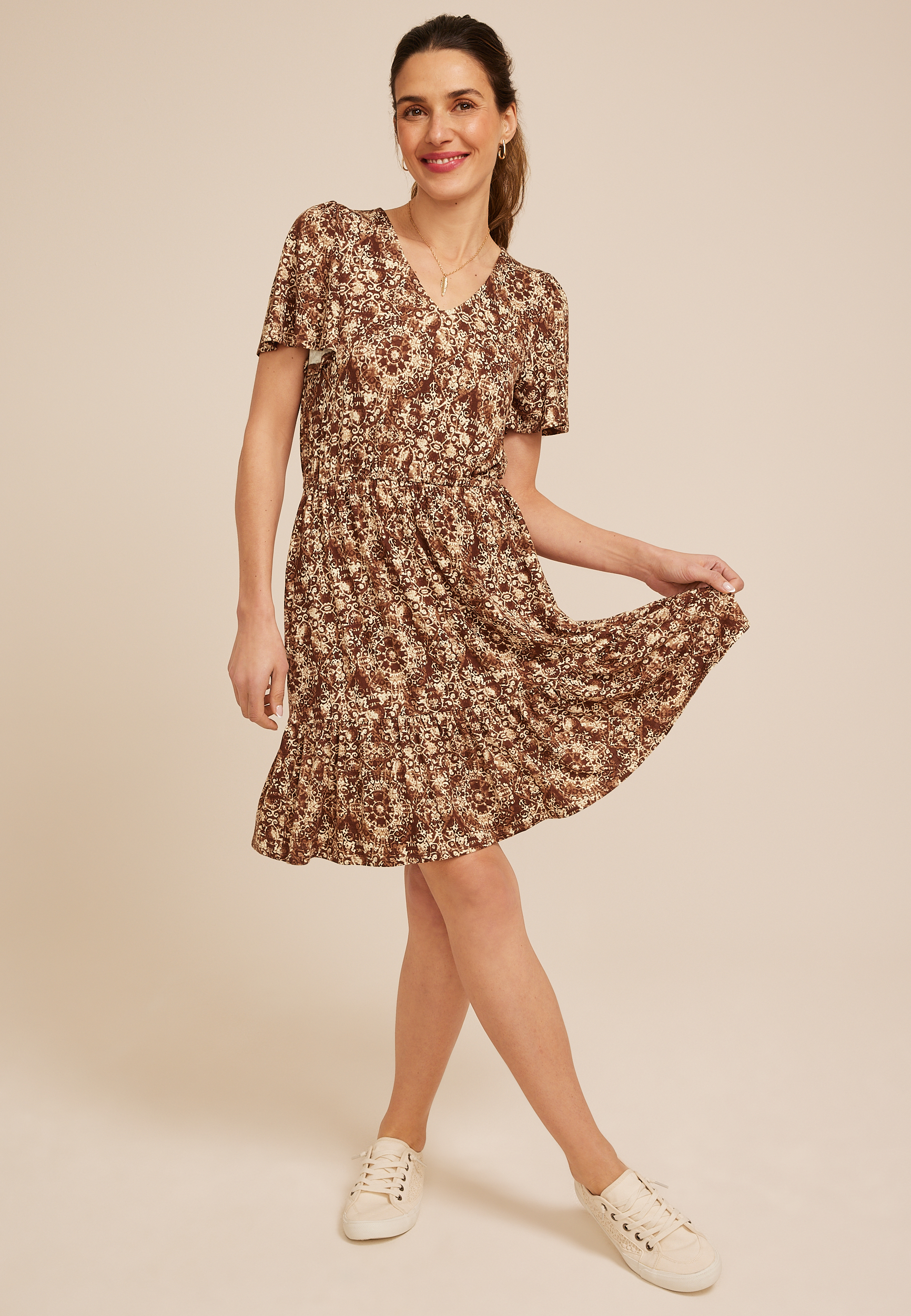 24/7 Printed V Neck Tiered Mini Dress