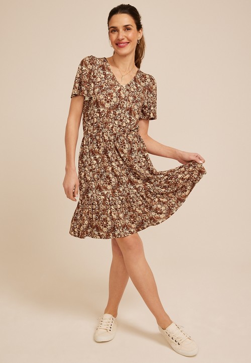 24/7 Printed V Neck Tiered Mini Dress | maurices