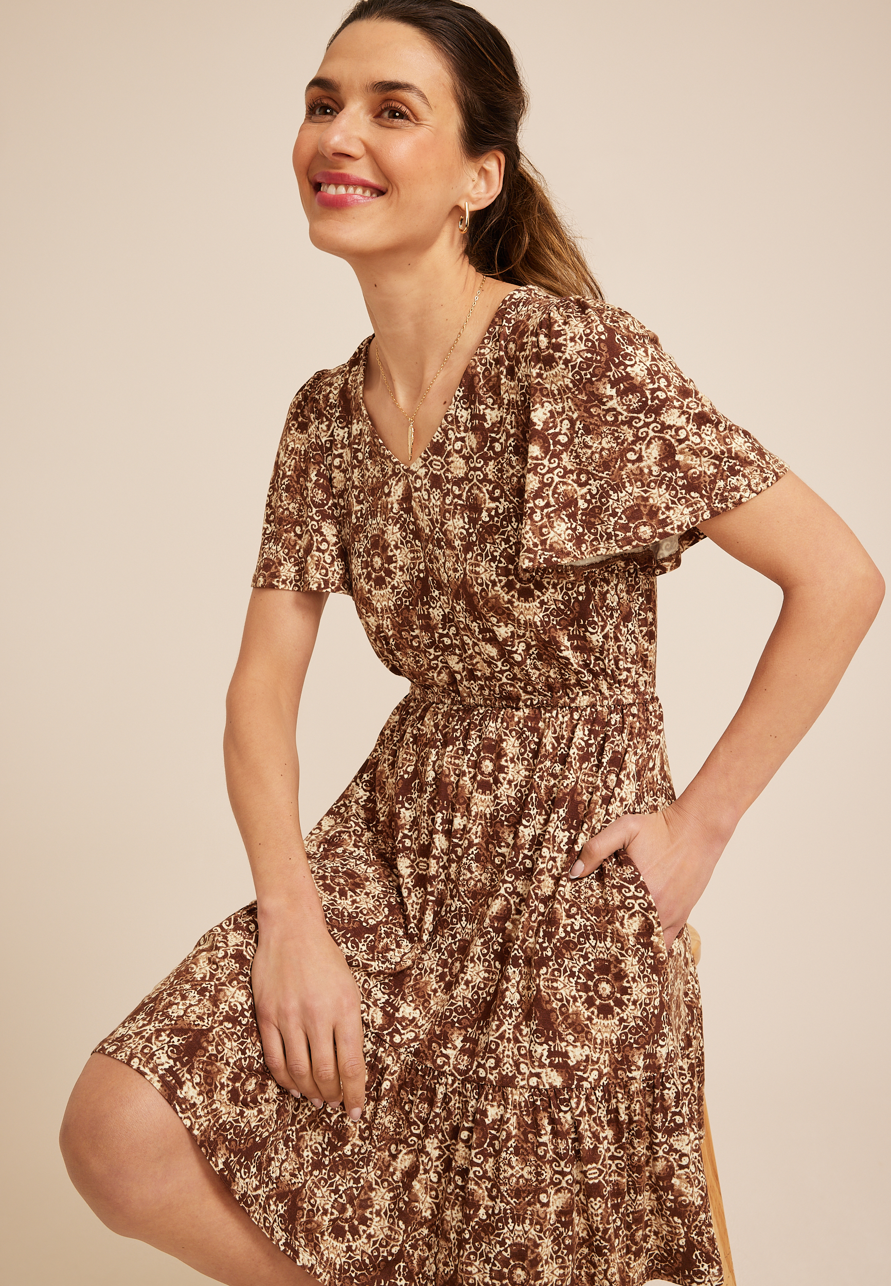 24/7 Printed V Neck Tiered Mini Dress - thumbnail 6