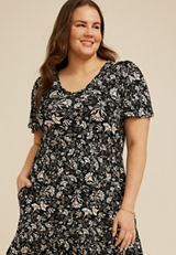 Plus Size 24/7 Printed V Neck Tiered Mini Dress, BLACK COMBO, small