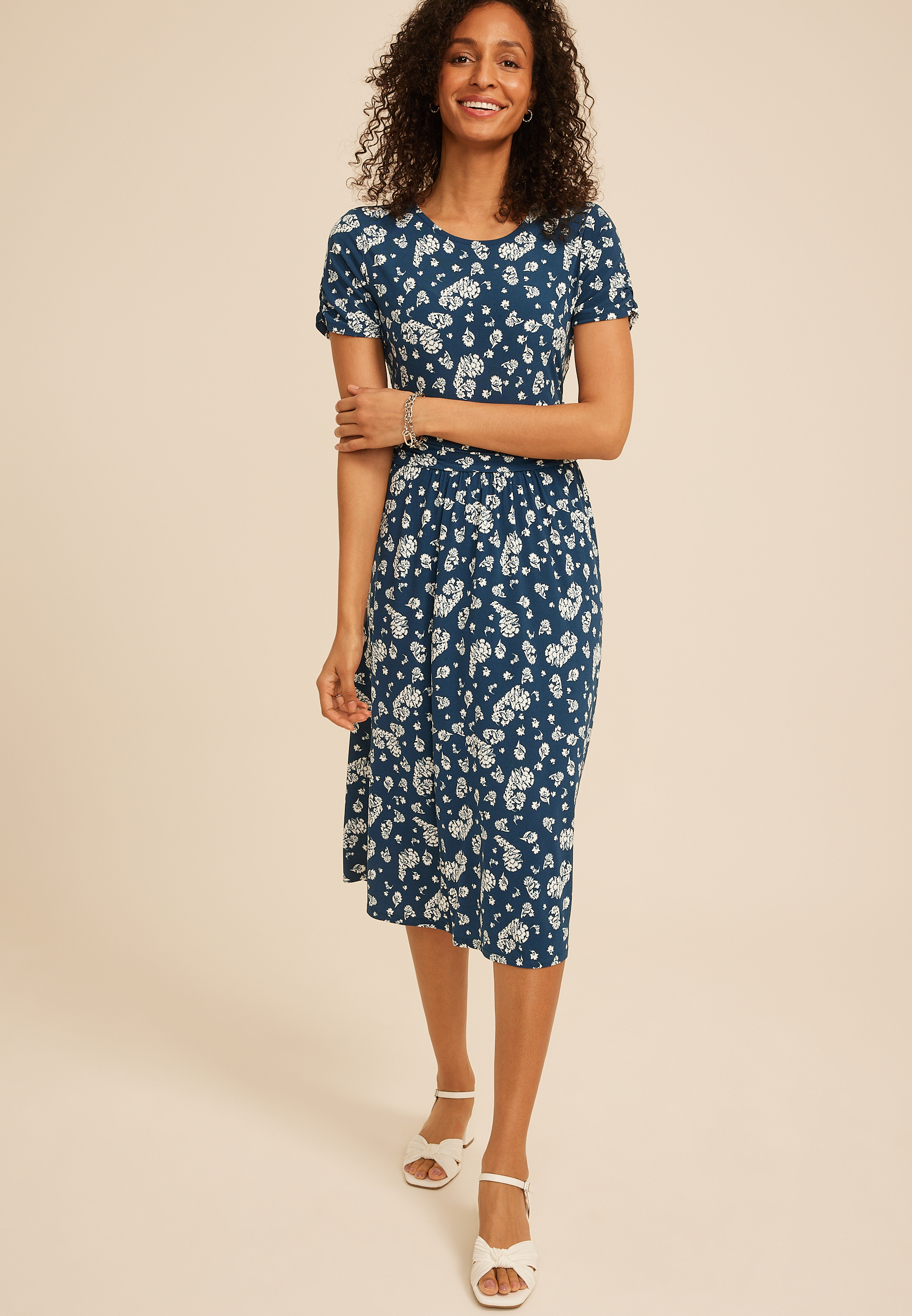 24/7 Floral Ruched Waist Midi Dress