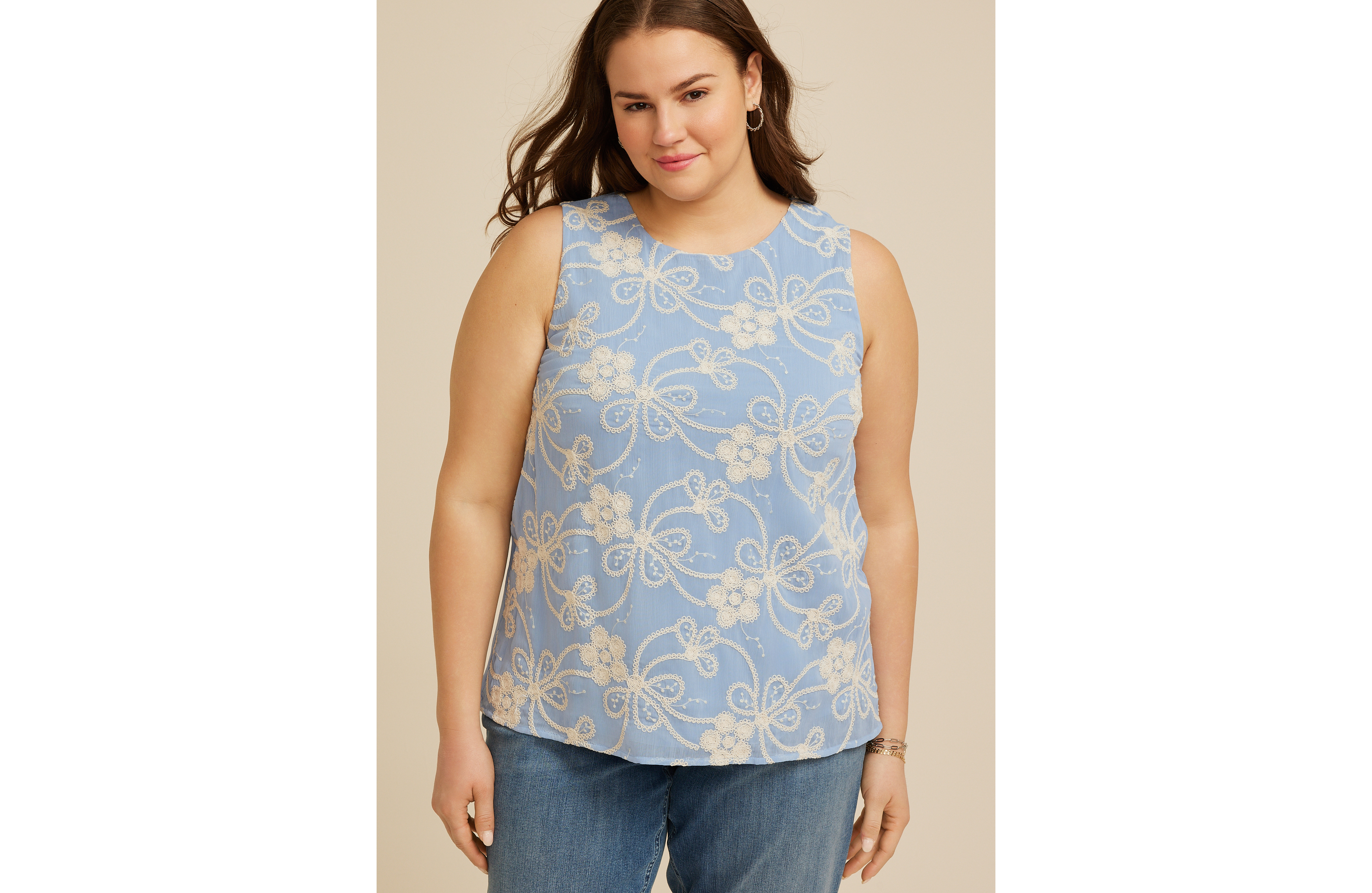 Plus Floral Embroidered Tank Top