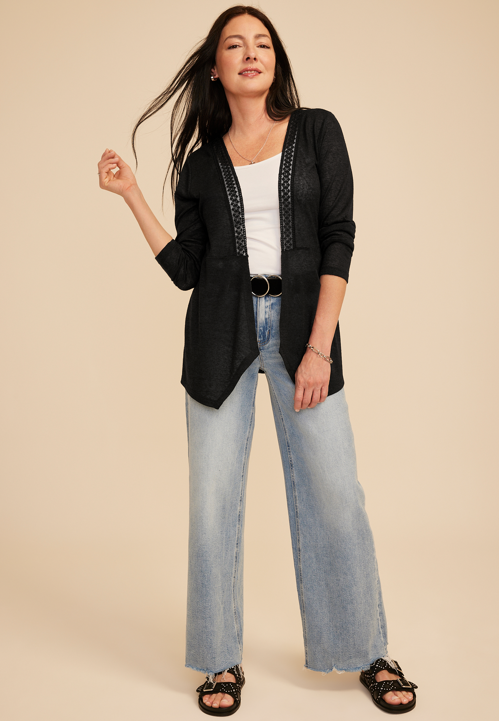 Lace Back Waterfall Open Front Cardigan