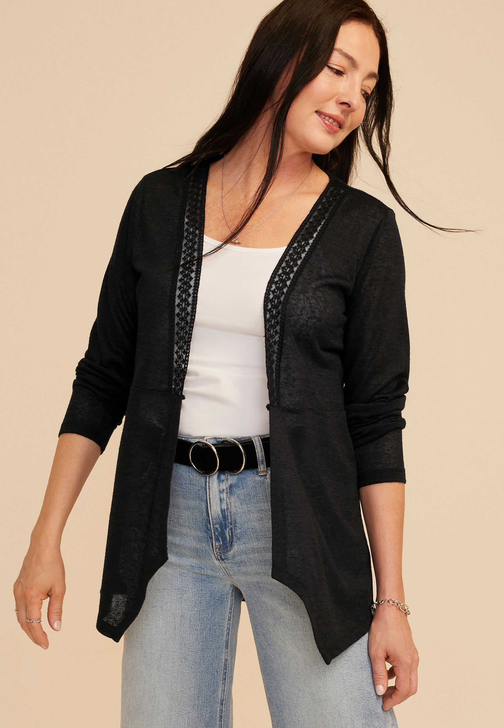 Lace Back Waterfall Open Front Cardigan | maurices