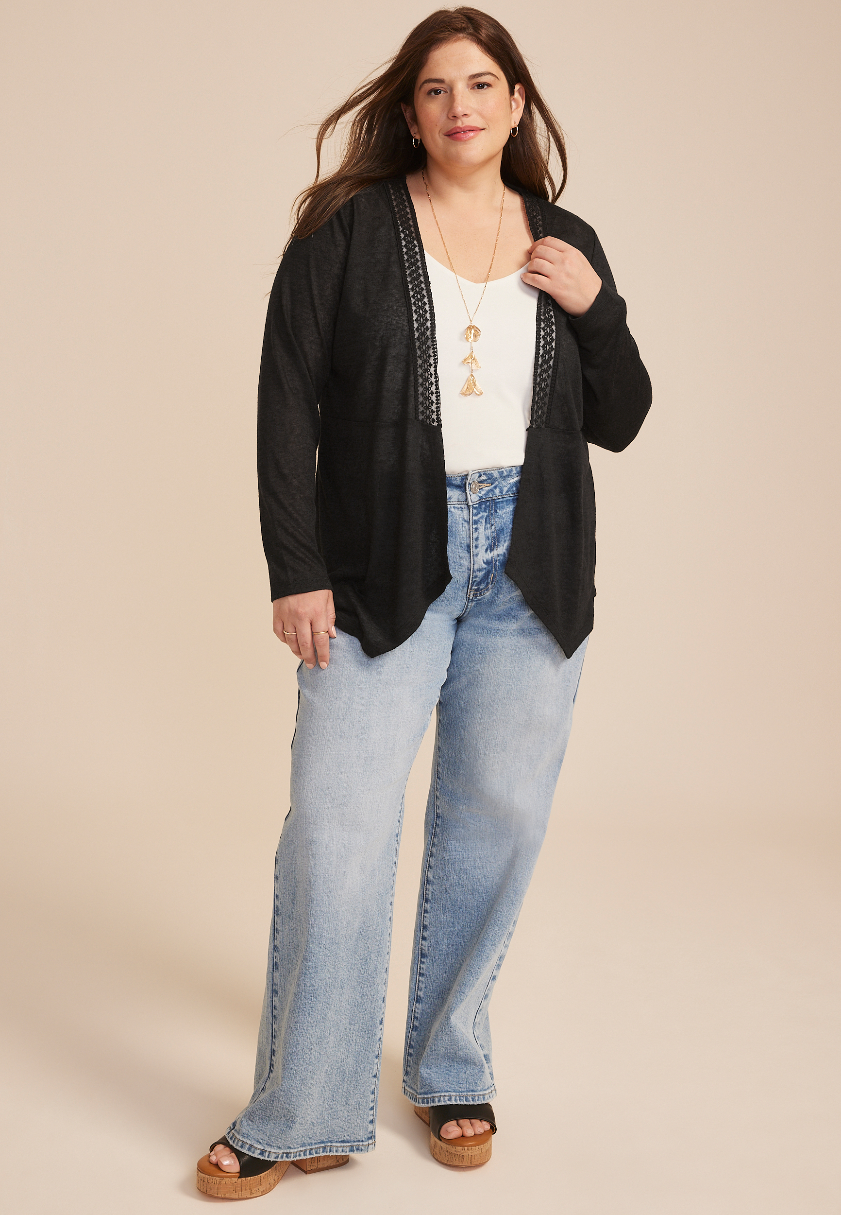 Plus Size Lace Back Waterfall Open Front Cardigan