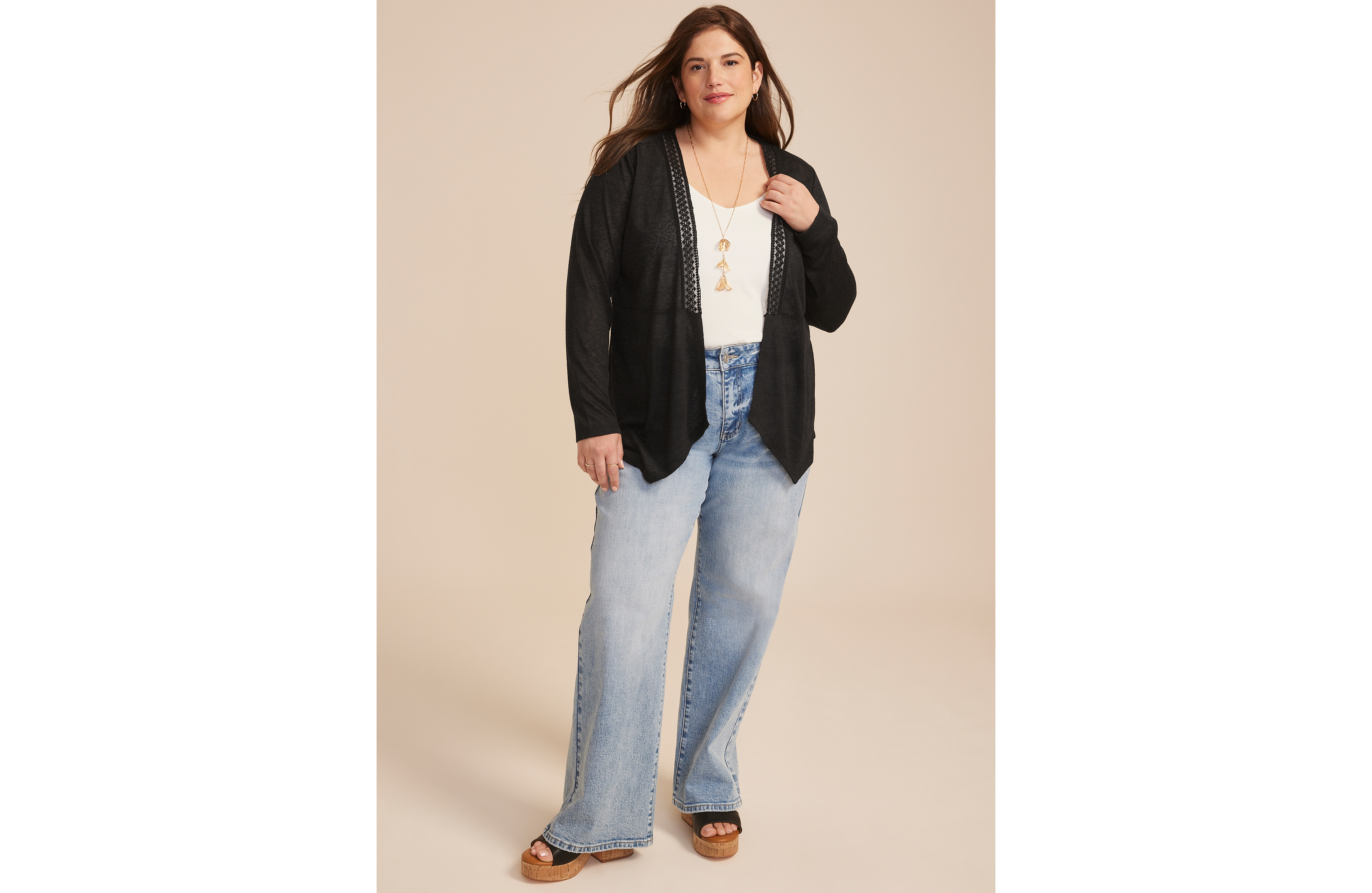Plus Lace Back Waterfall Open Front Cardigan