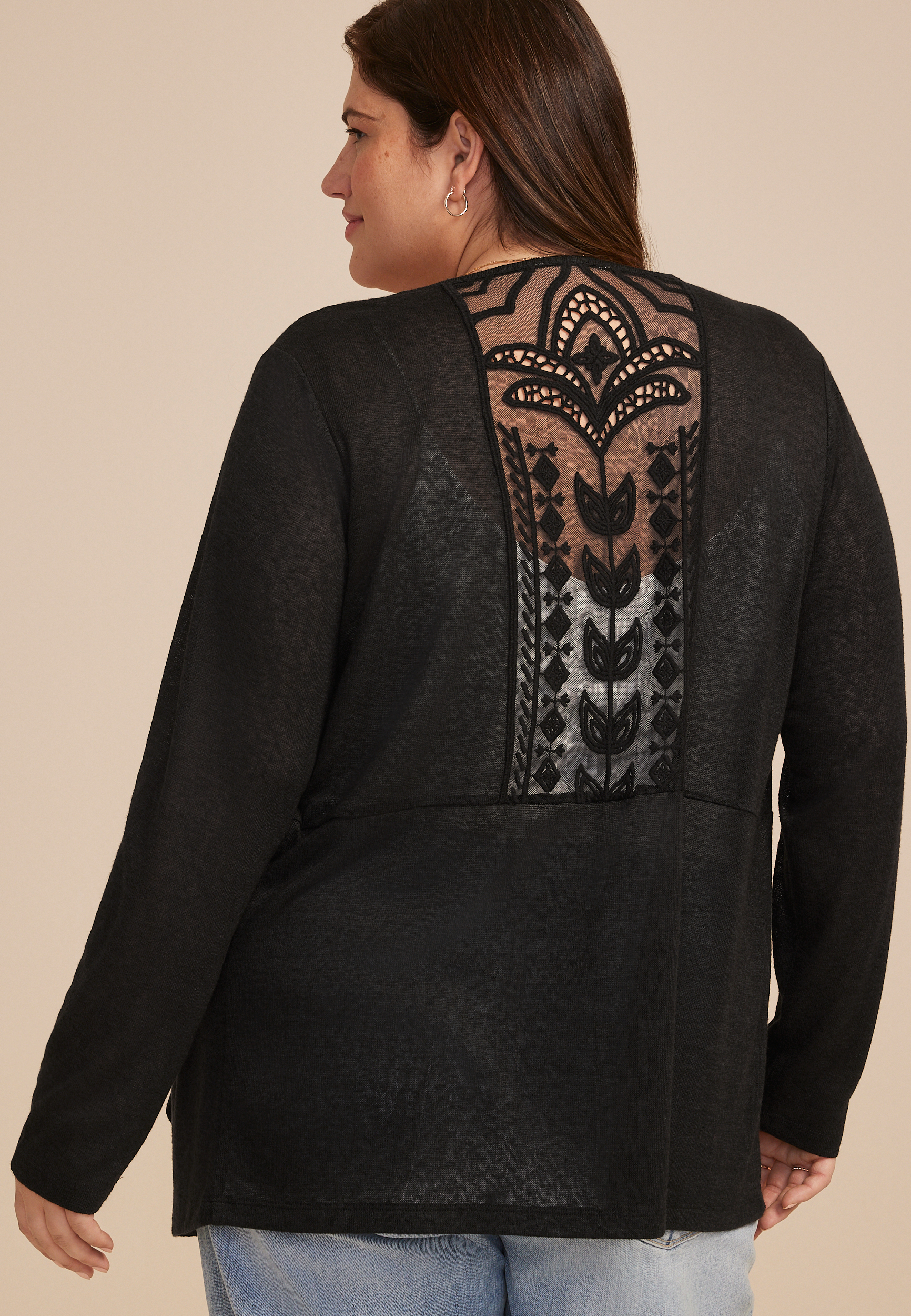 Plus Size Lace Back Waterfall Open Front Cardigan, C106, large