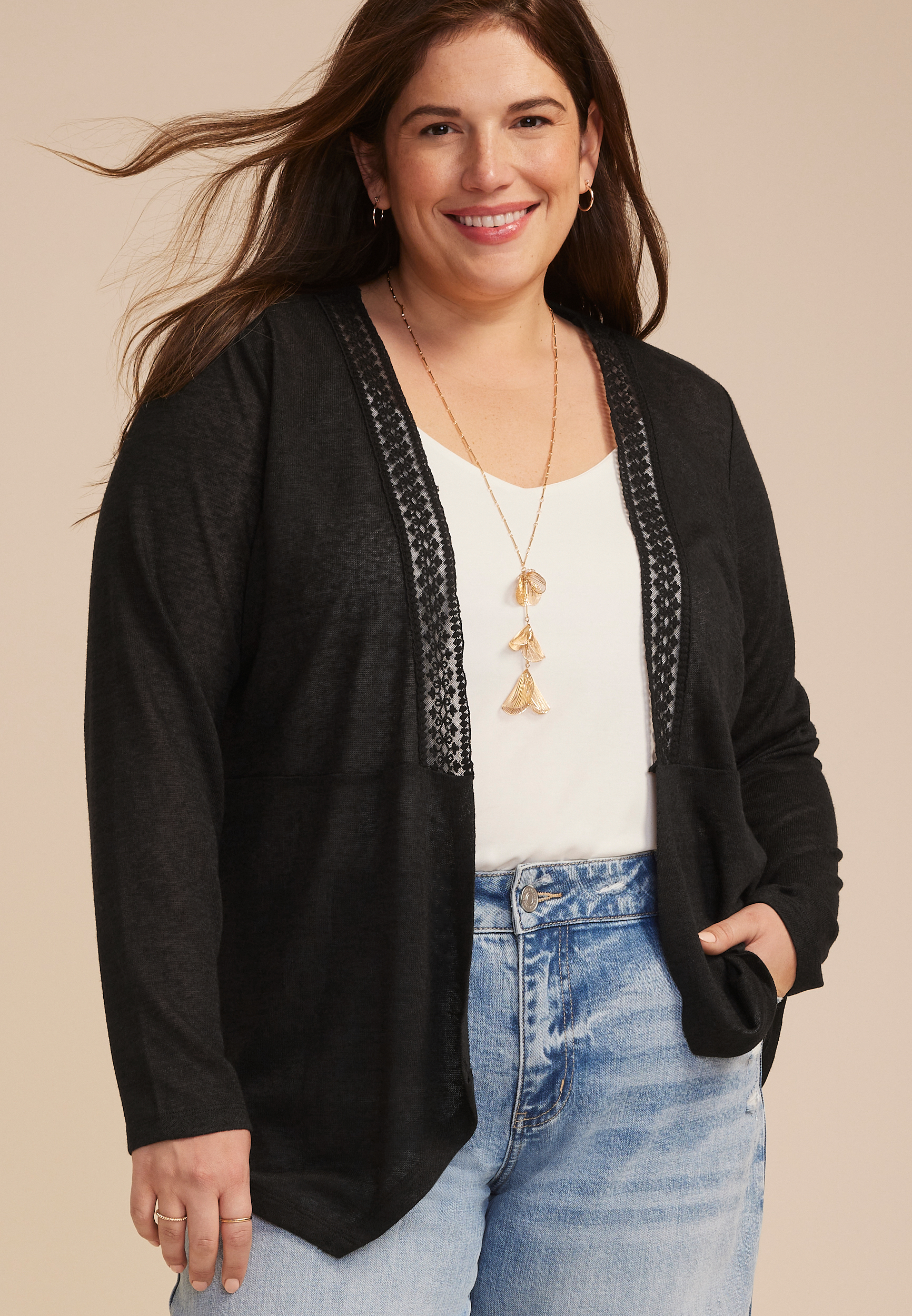 Plus Size Lace Back Waterfall Open Front Cardigan, C106, large