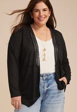 Plus Size Lace Back Waterfall Open Front Cardigan, C106, small