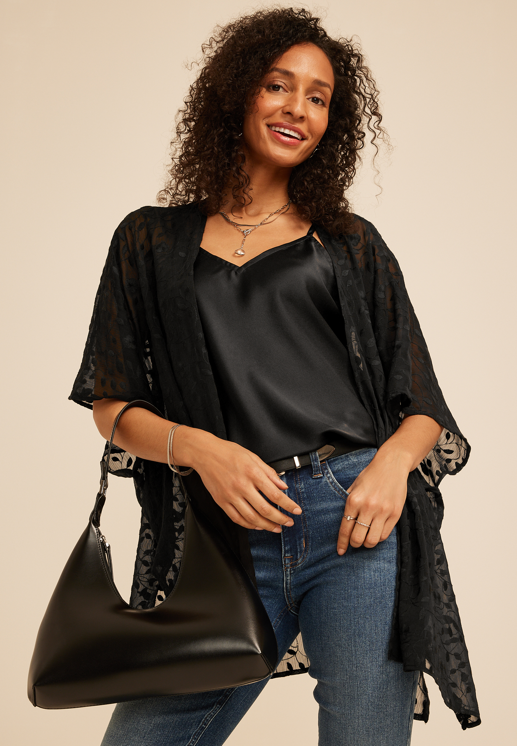 Embroidered Floral Sheer Open Front Kimono