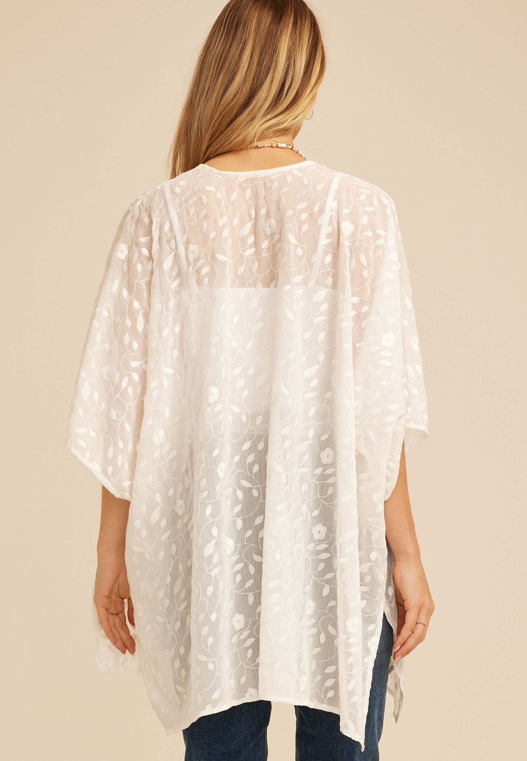Embroidered Floral Sheer Open Front Kimono, C223, large