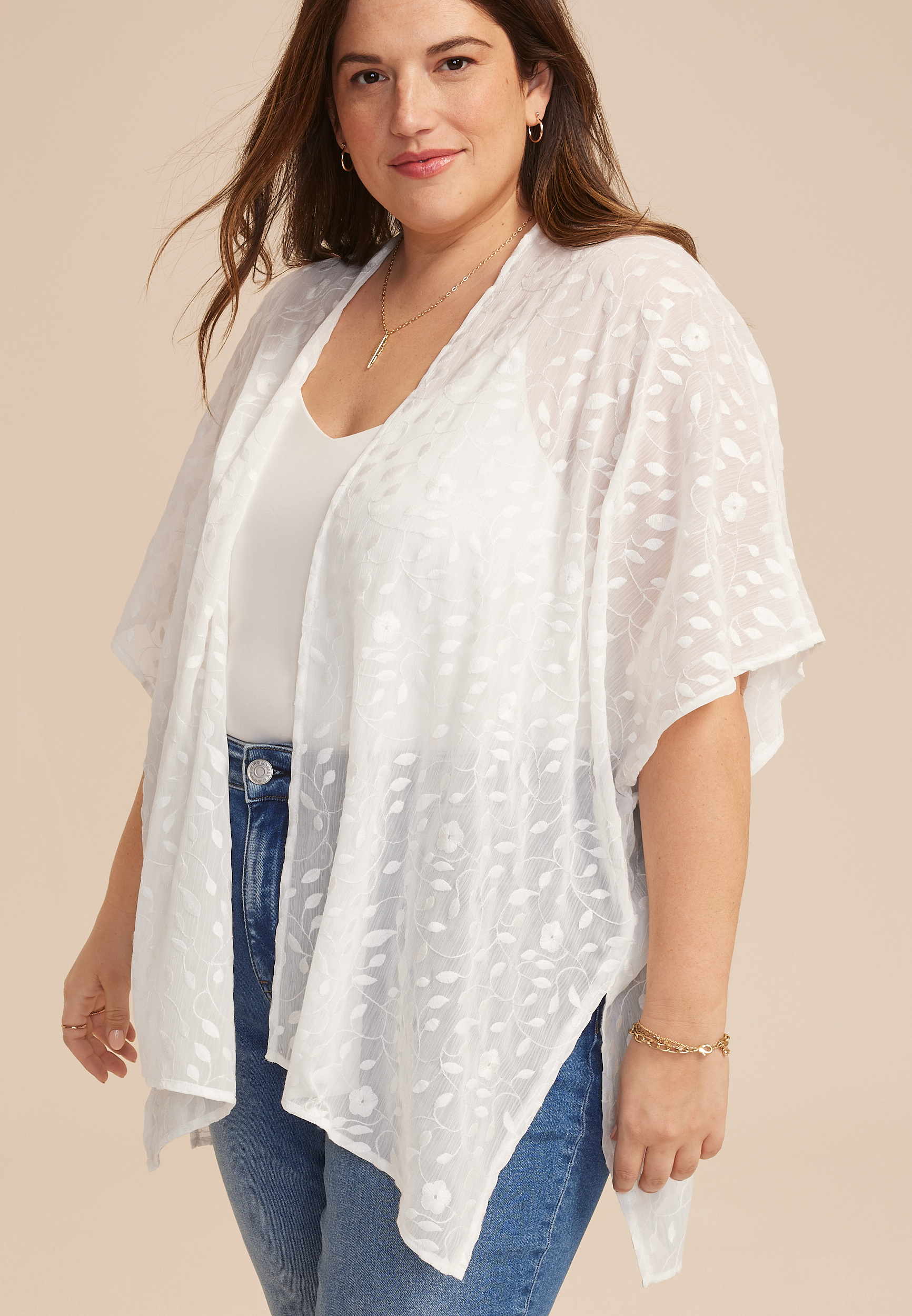 Embroidered Floral Sheer Open Front Kimono, C223, large