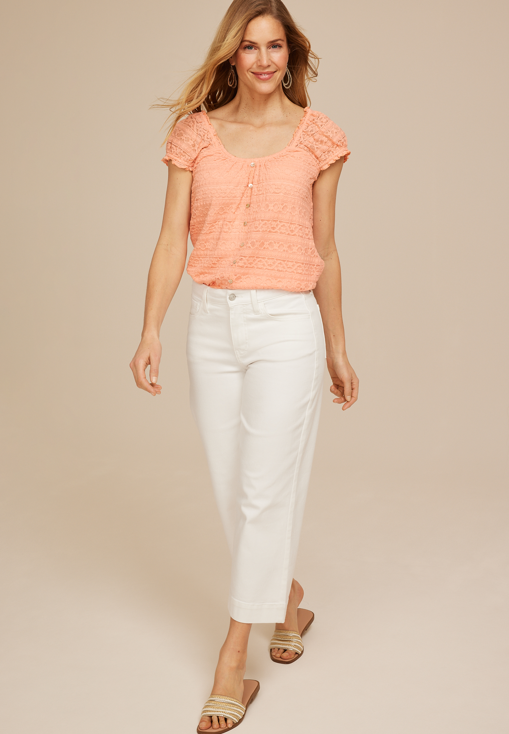 Textured Lace Button Front Top, C9682, large