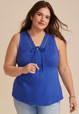 Plus Size Floral Embroidered Tie Front Tank Top, C9388, small