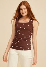 Polka Dot Square Neck Mesh Tank Top, CHESTNUT BROWN COMBO, small