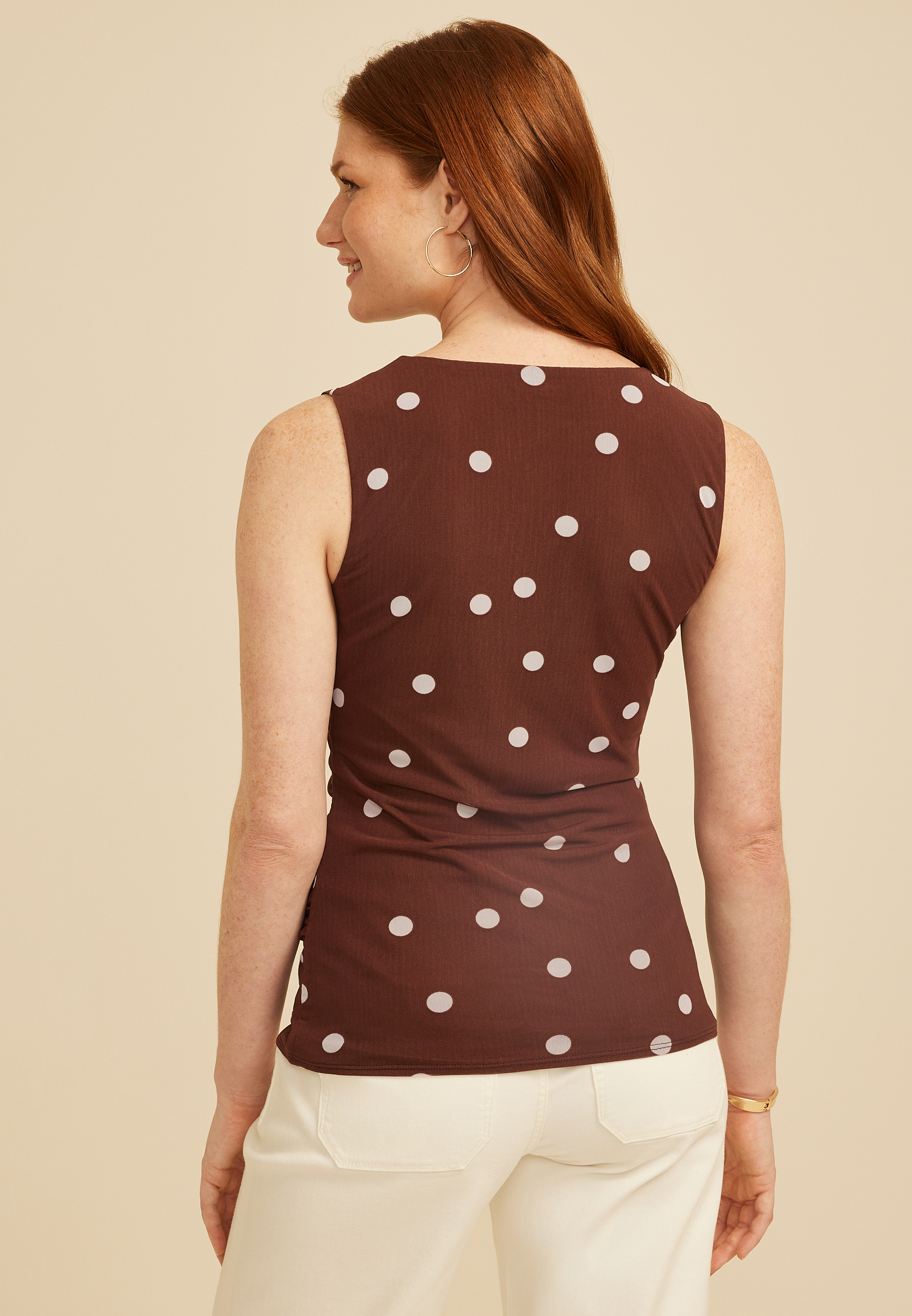 Polka Dot Square Neck Mesh Tank Top, CHESTNUT BROWN COMBO, large