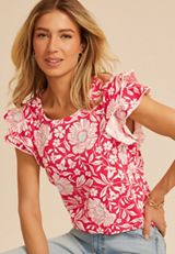 24/7 Floral Double Flutter Sleeve Tee, TEABERRY COMBO, small
