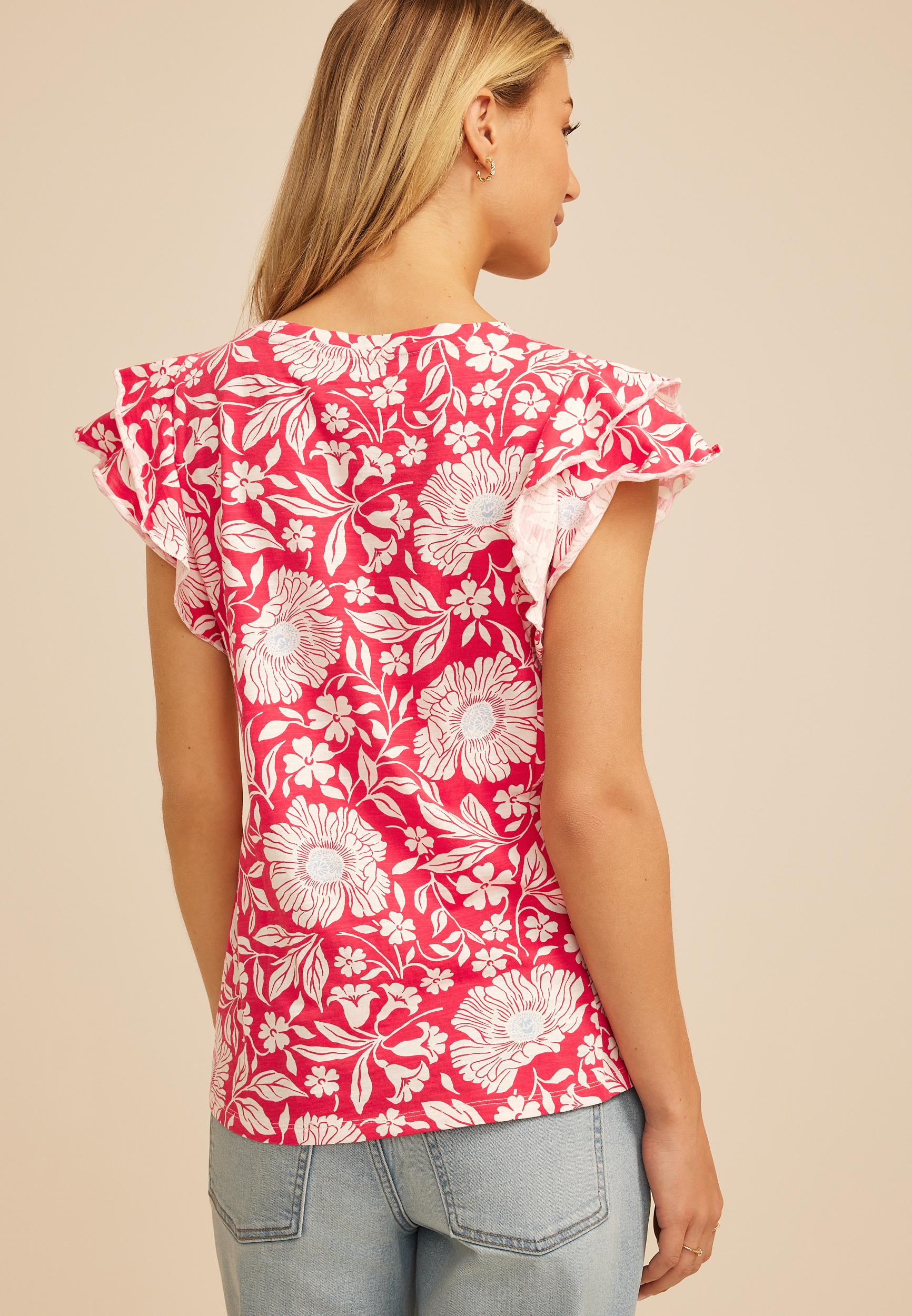 24/7 Floral Double Flutter Sleeve Tee, TEABERRY COMBO, large
