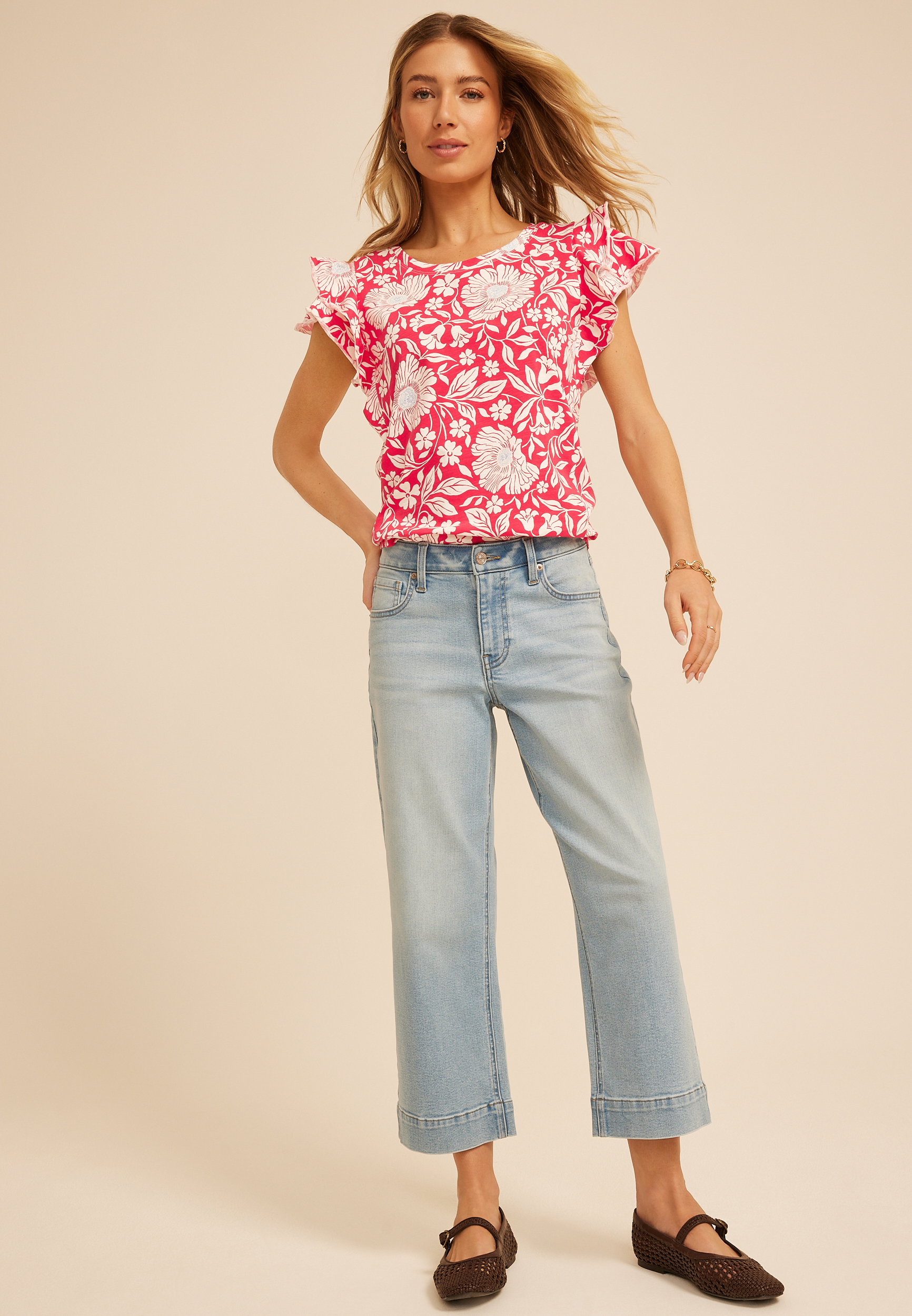 24/7 Floral Double Flutter Sleeve Tee, TEABERRY COMBO, large