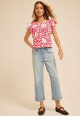 24/7 Floral Double Flutter Sleeve Tee, TEABERRY COMBO, small