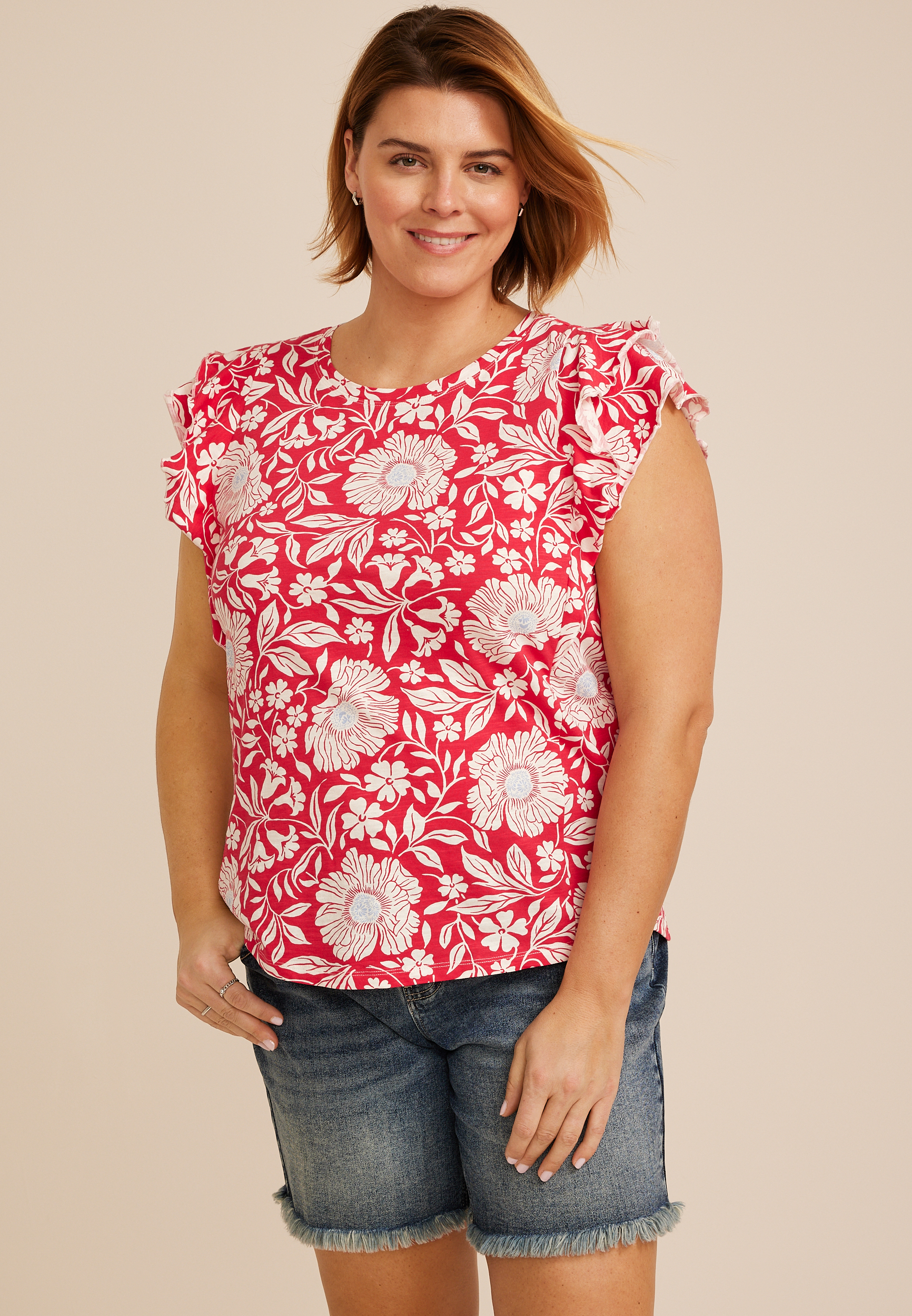 Plus Size 24/7 Floral Double Flutter Sleeve Tee