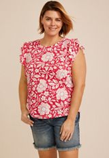 Plus Size 24/7 Floral Double Flutter Sleeve Tee, C7956, small