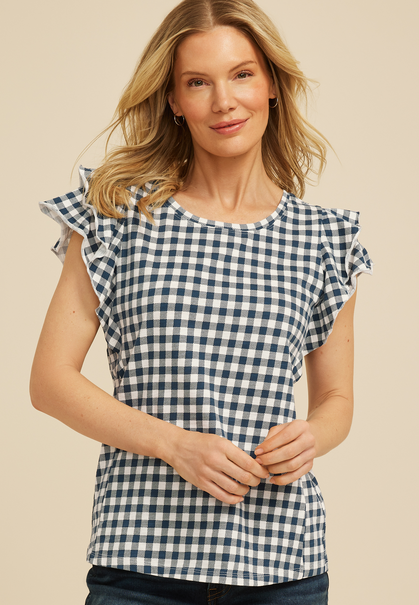 24/7 Gingham Double Flutter Sleeve Tee