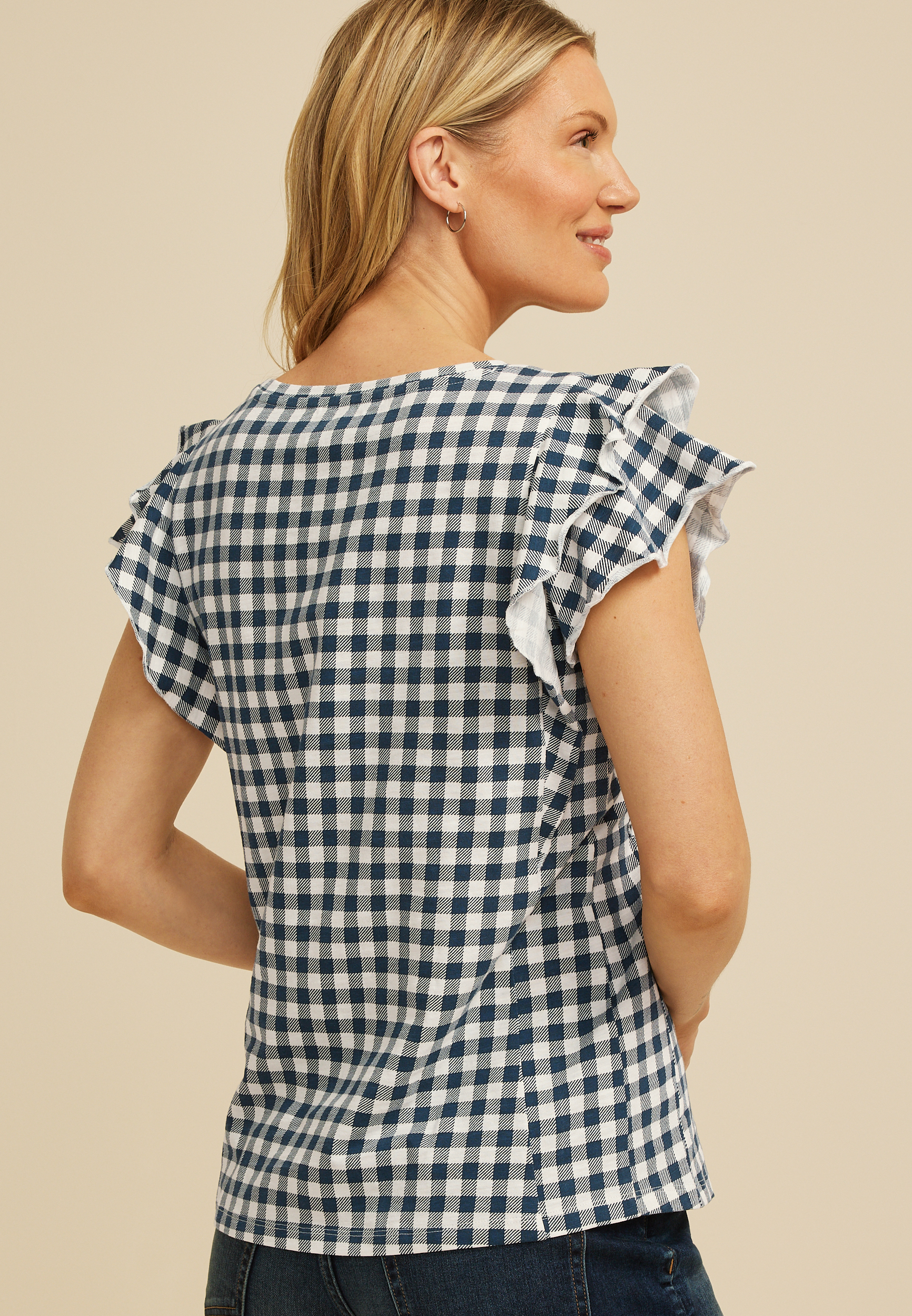 24/7 Gingham Double Flutter Sleeve Tee, C1606, large