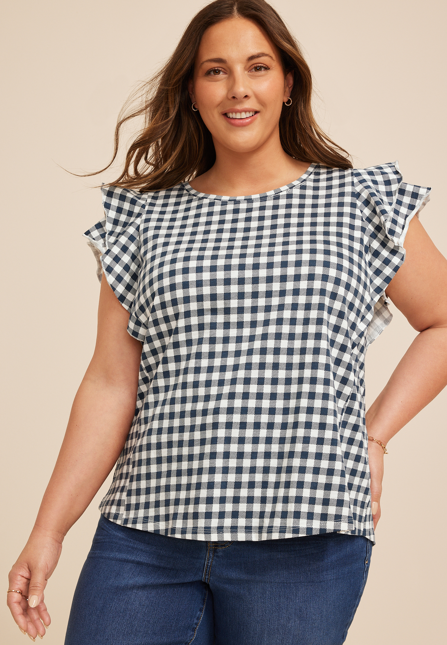 Plus Size 24/7 Gingham Double Flutter Sleeve Tee