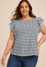 Plus Size 24/7 Gingham Double Flutter Sleeve Tee, C1606, small