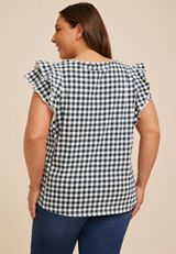 Plus Size 24/7 Gingham Double Flutter Sleeve Tee, C1606, small