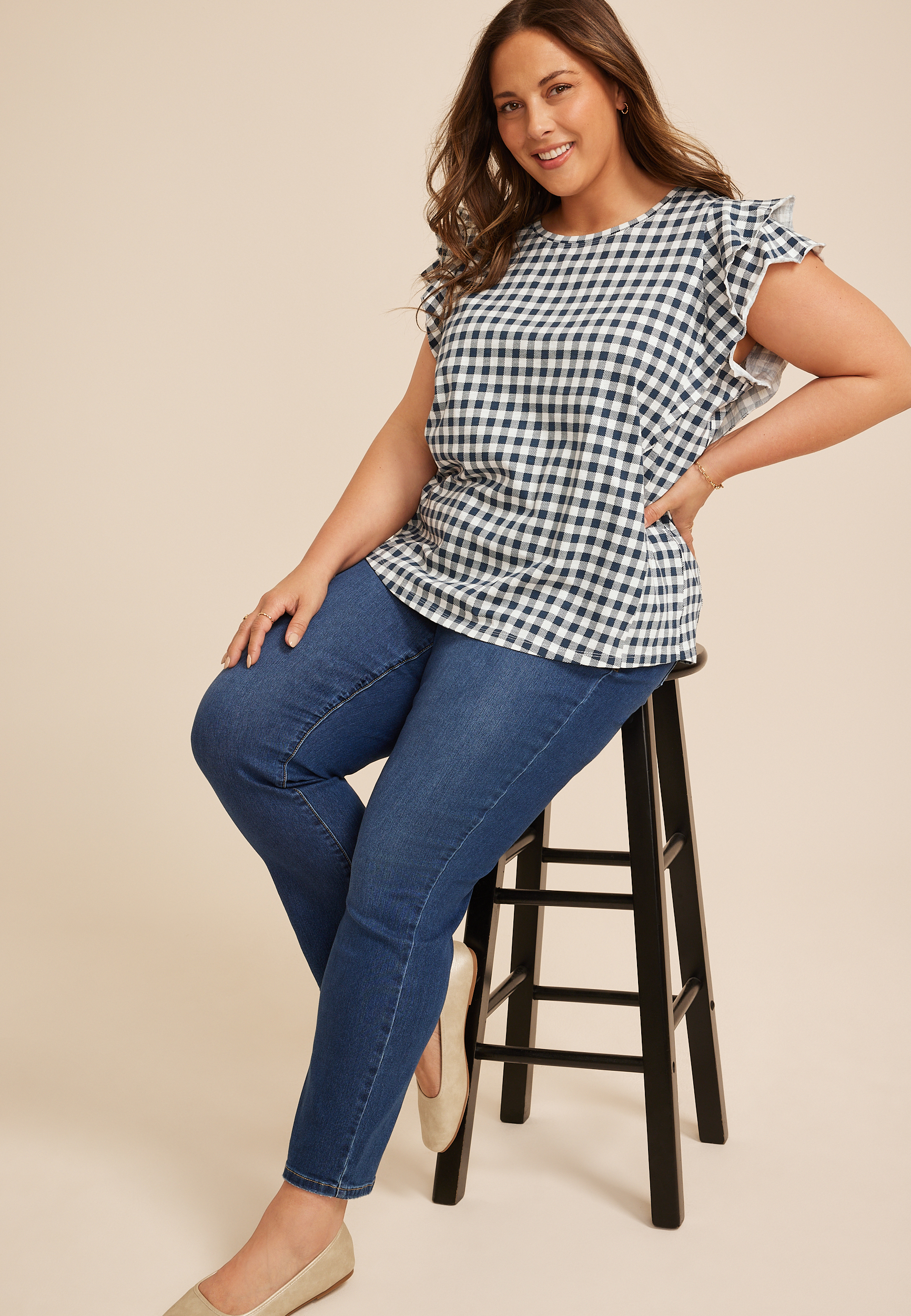 Plus Size 24/7 Gingham Double Flutter Sleeve Tee, C1606, large