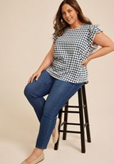 Plus Size 24/7 Gingham Double Flutter Sleeve Tee, C1606, small