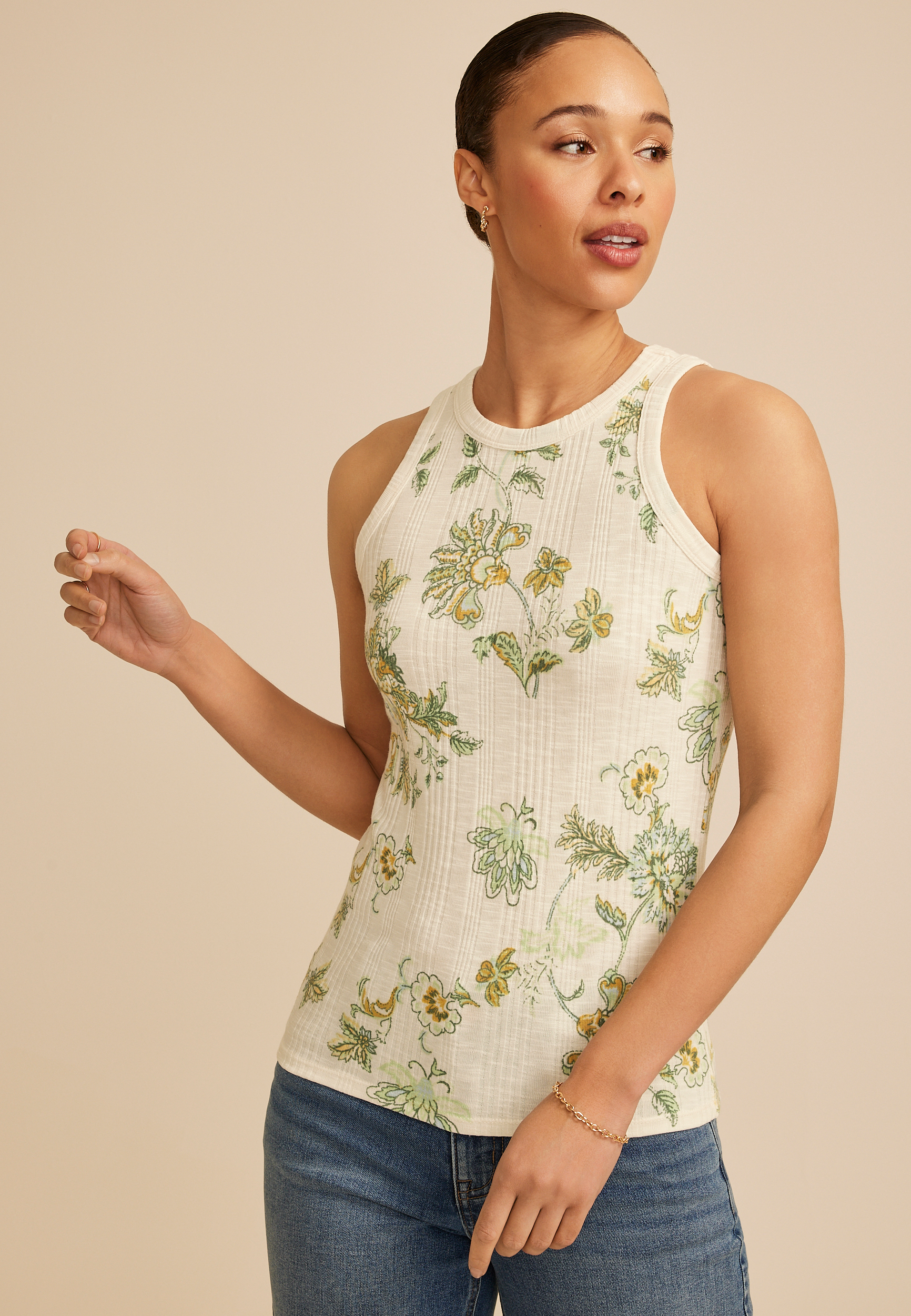 24/7 Variegated Floral Ribbed Highline Tank Top