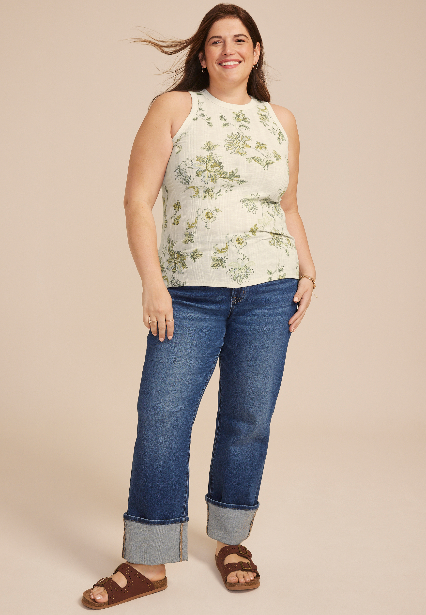 Plus Size 24/7 Variegated Floral Ribbed Highline Tank Top