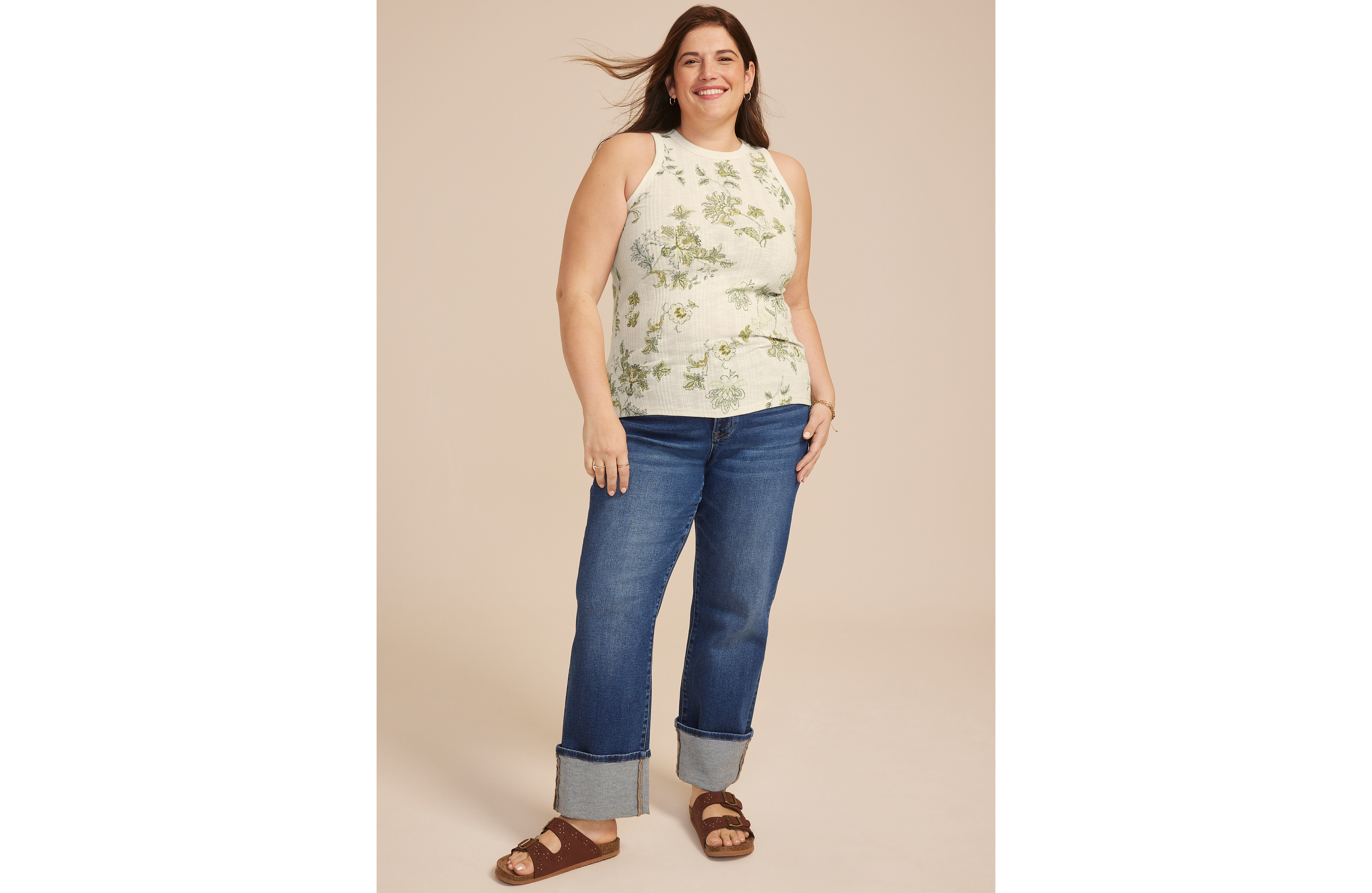 Plus 24/7 Variegated Floral Ribbed Highline Tank Top