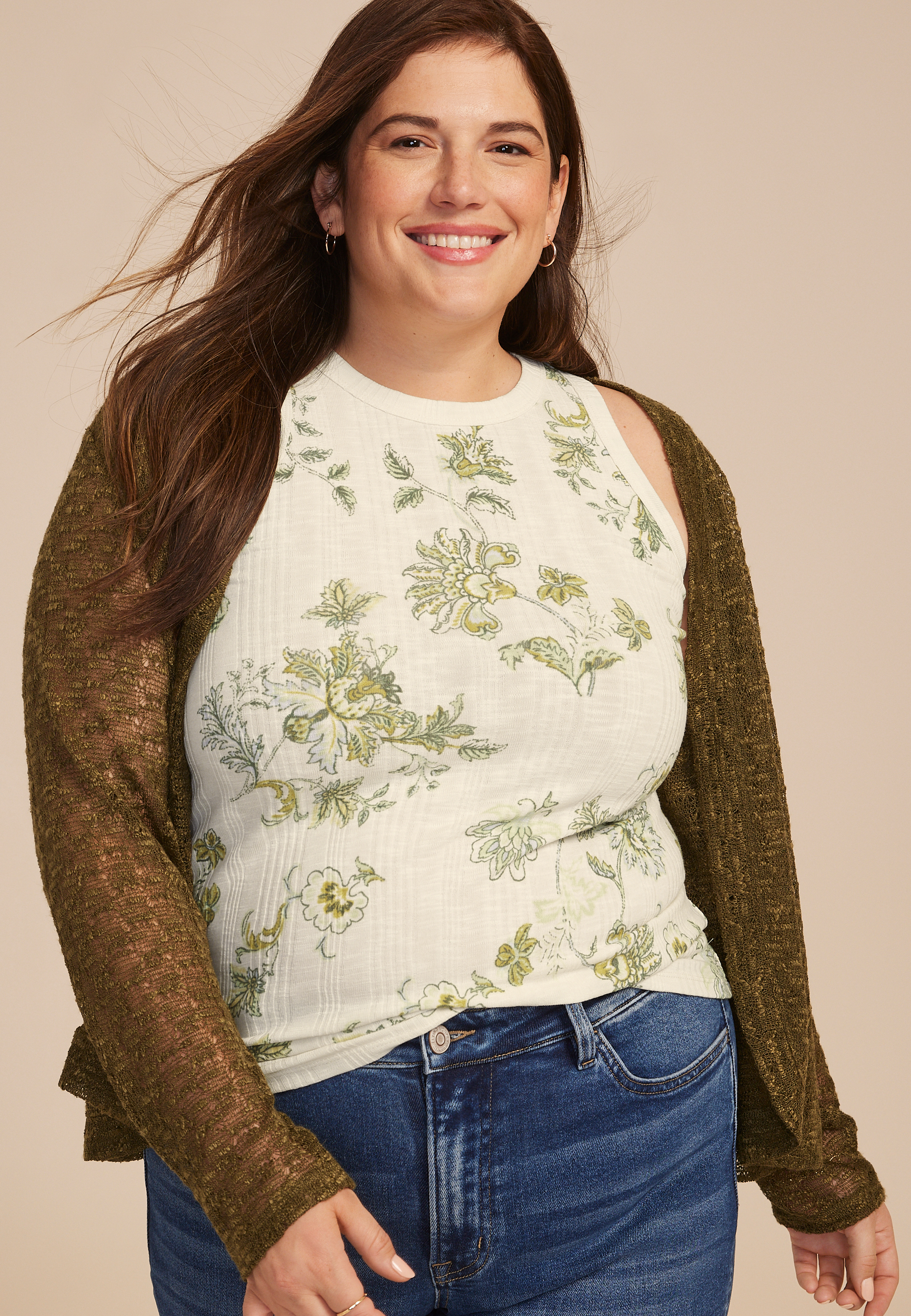 Plus Size 24/7 Variegated Floral Ribbed Highline Tank Top, C1524, large