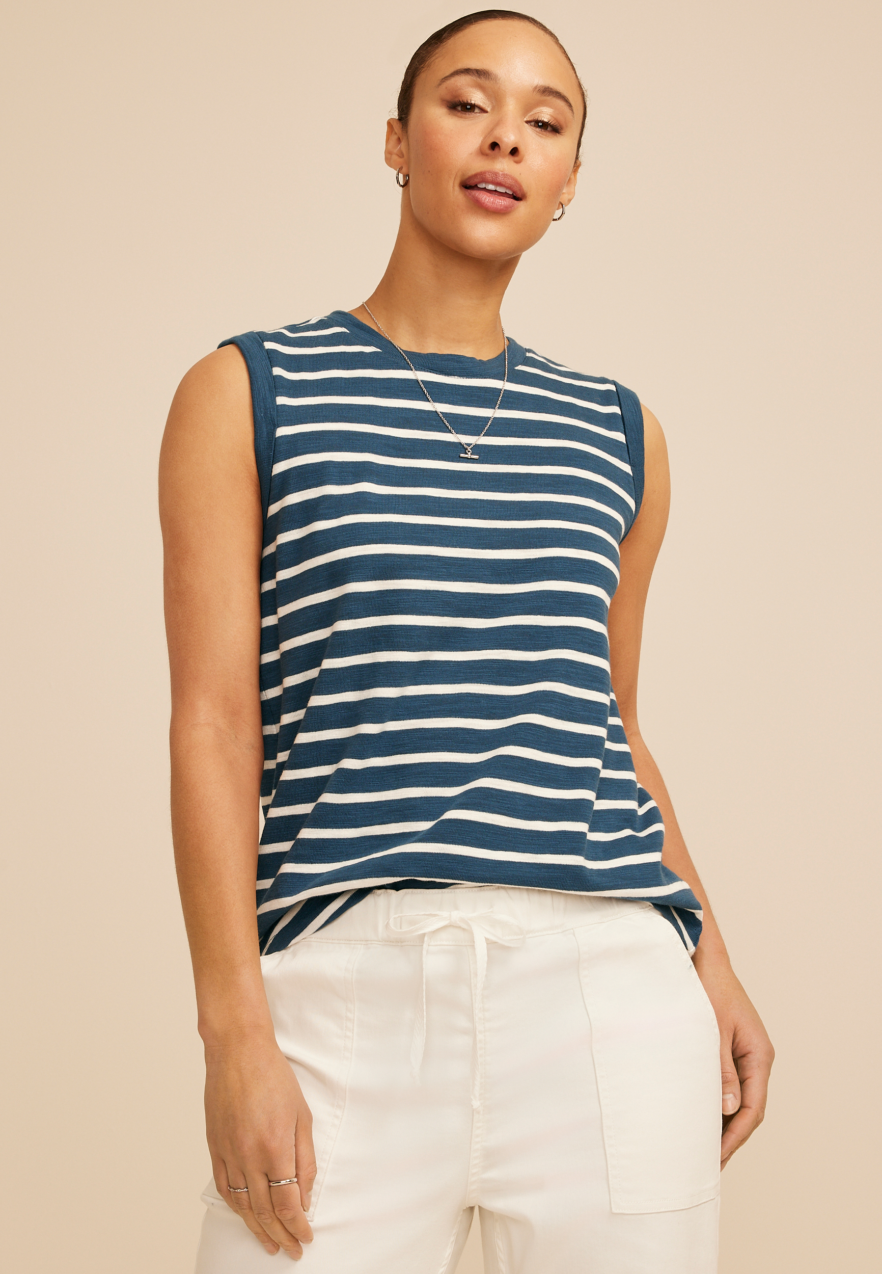 Striped High Neck Roll Sleeve Tank Top