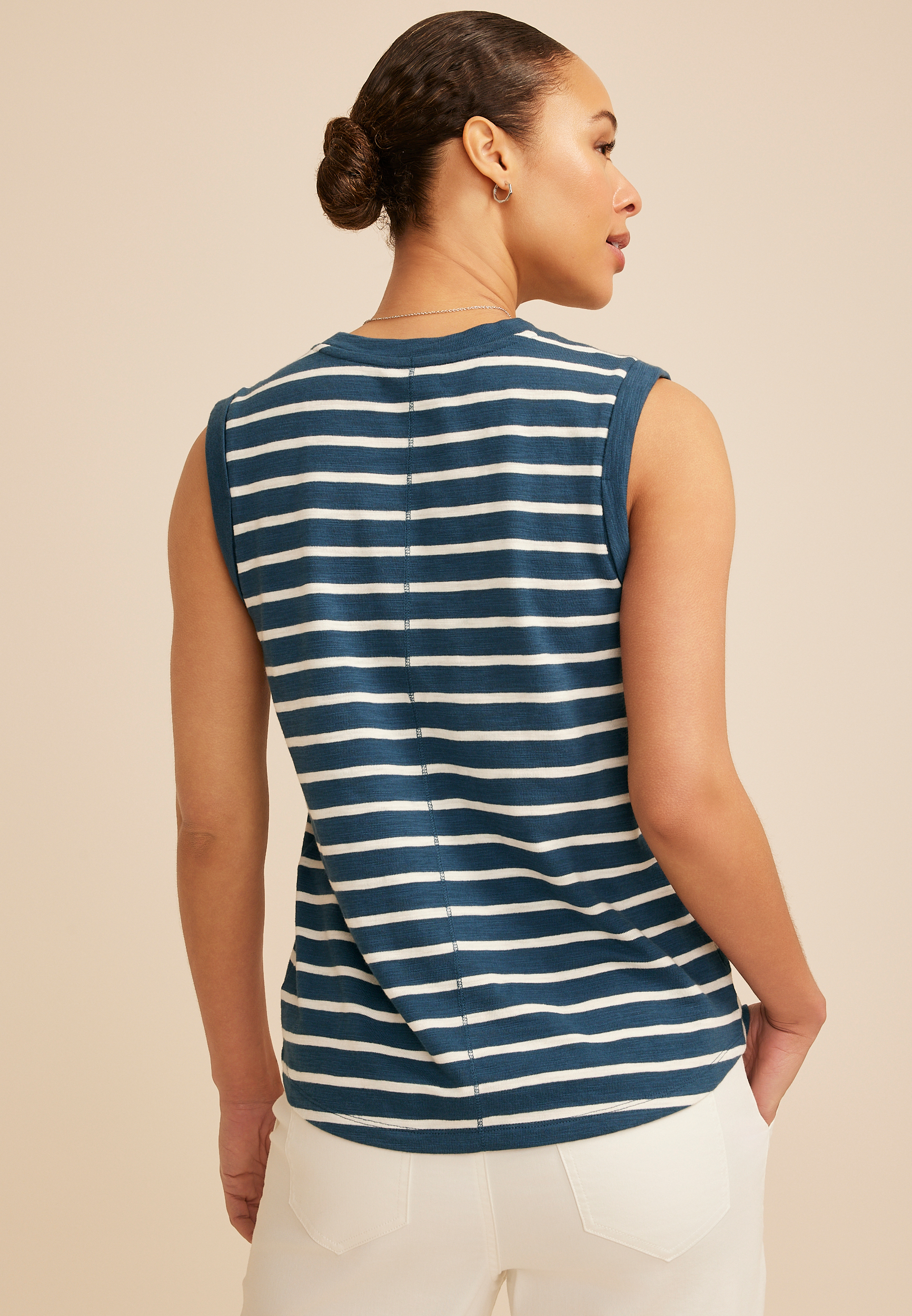 Striped High Neck Roll Sleeve Tank Top, INSIGNIA BLUE COMBO, large