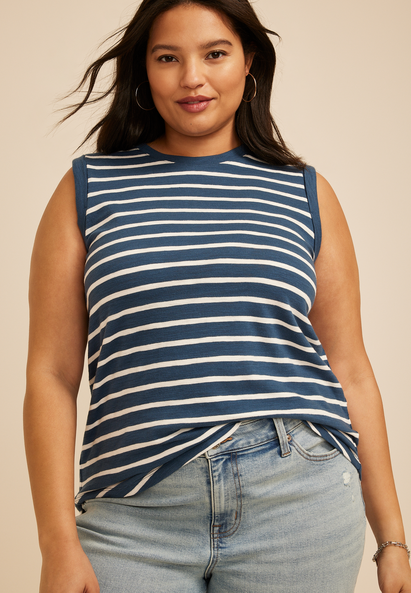Plus Size Striped High Neck Roll Sleeve Tank Top