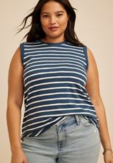 Plus Size Striped High Neck Roll Sleeve Tank Top, C1606, small