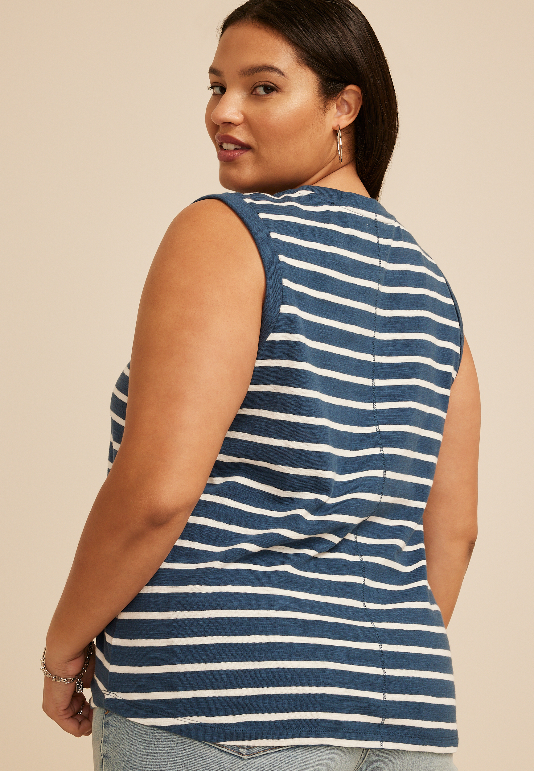 Plus Size Striped High Neck Roll Sleeve Tank Top, C1606, large